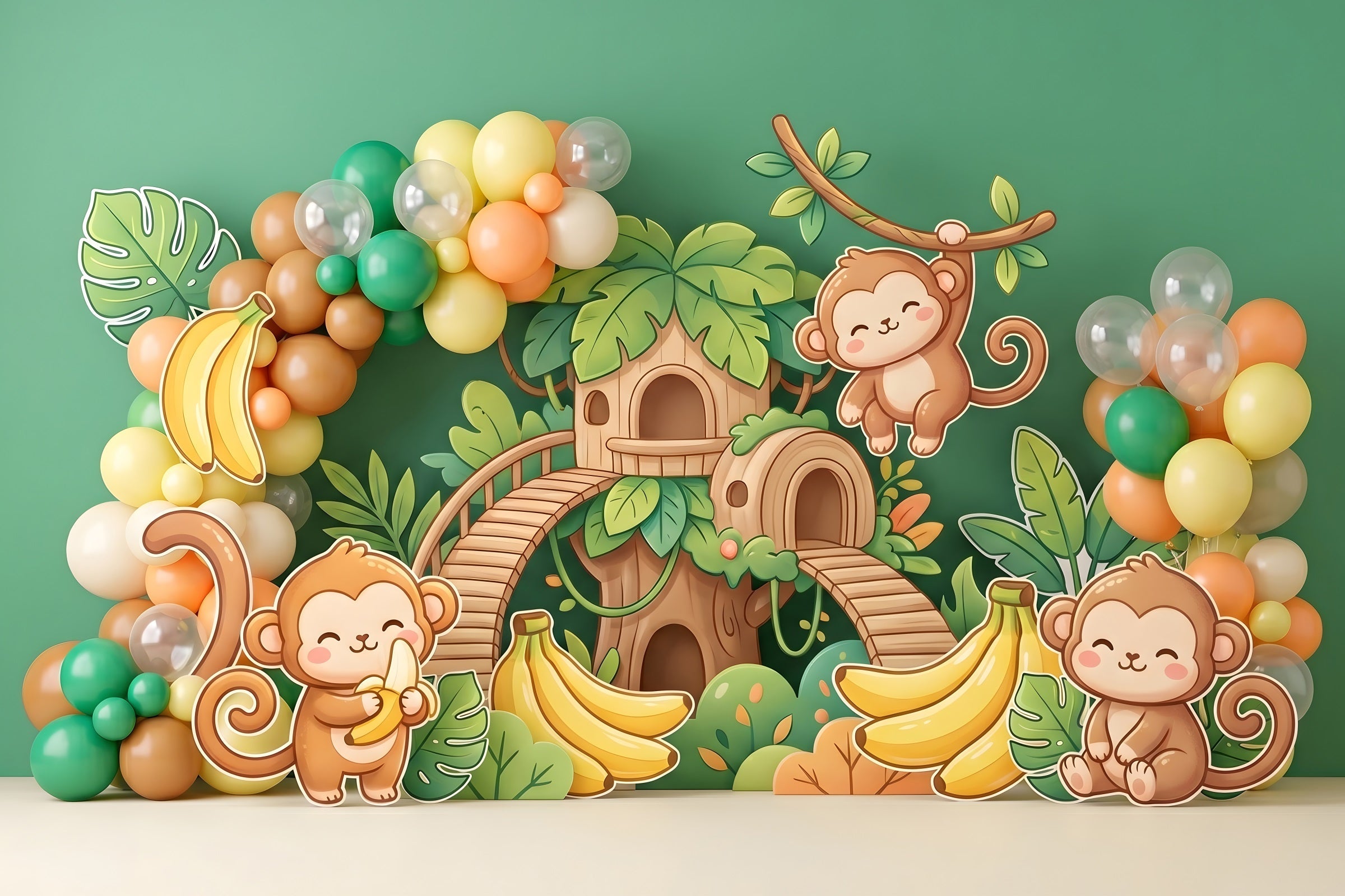 Baby Fotohintergrund Dschungel Affe Bananen Baumhaus Kinder Hintergrund CEM65-49