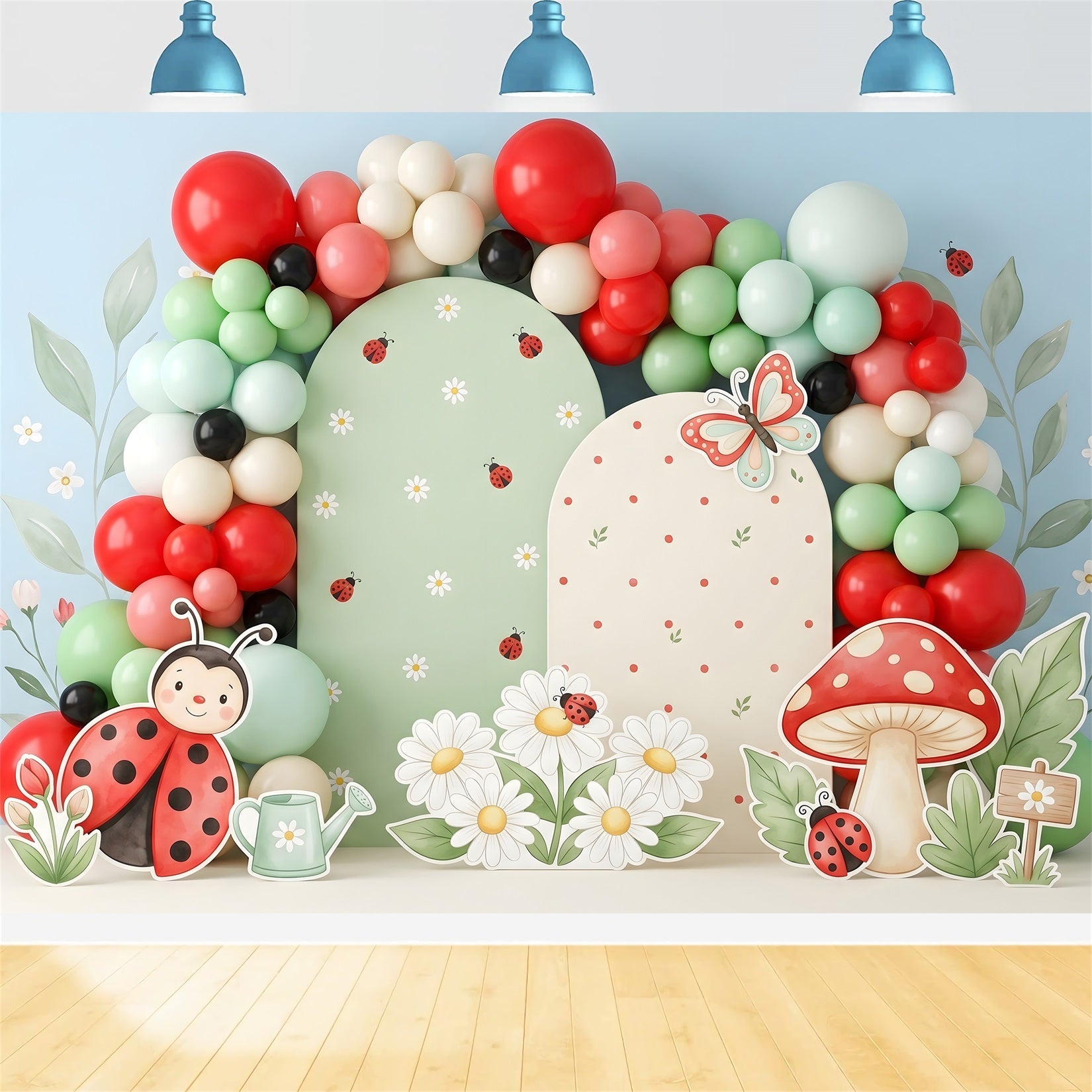 Baby Fotohintergrund Marienkäfer Gänseblümchen Pilze Ballons Kinder Kulisse CEM65-50