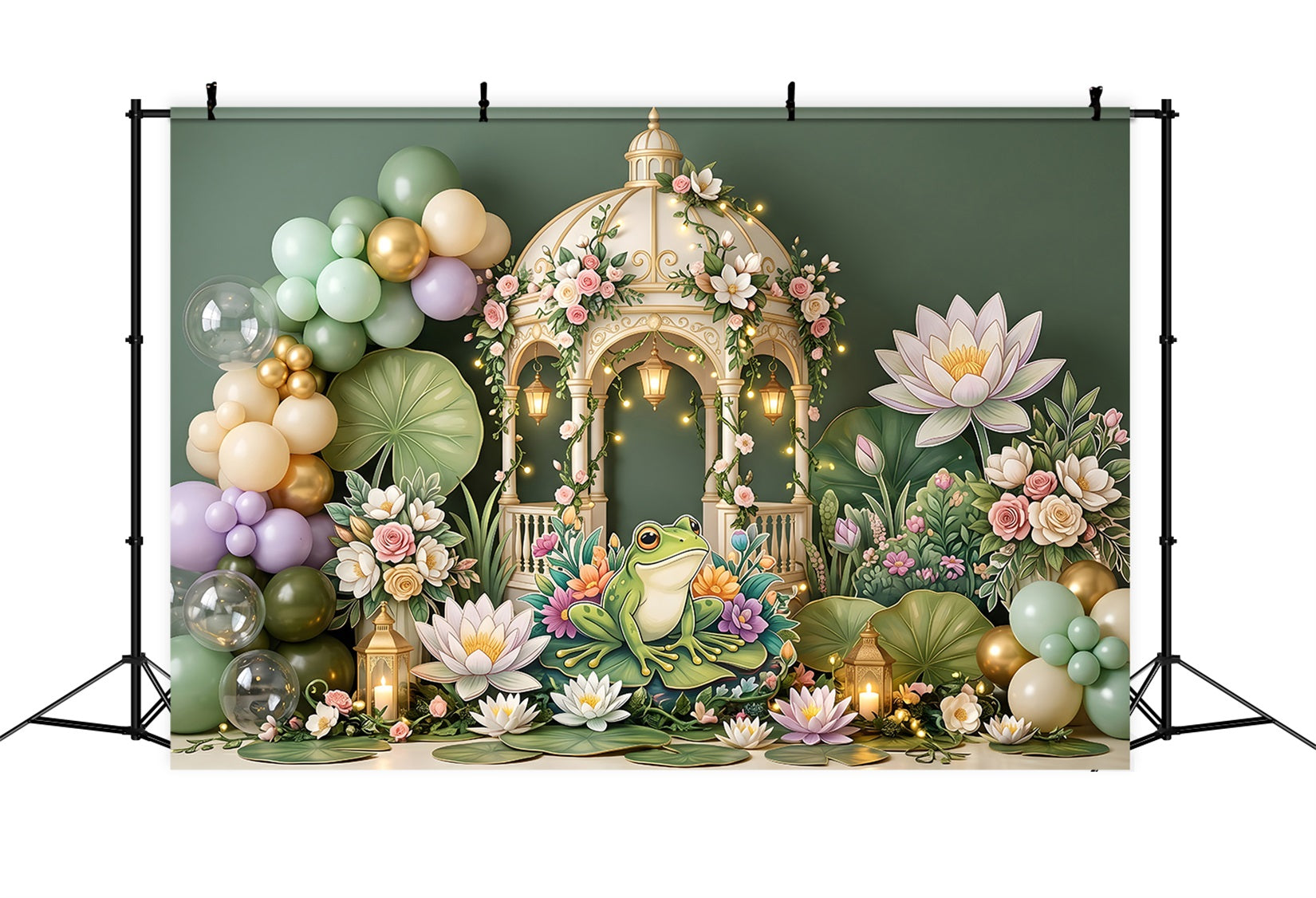 Baby Fotohintergrund Frosch Seerosenteich Gartenpavillon Kinder Party Kulisse CEM65-59