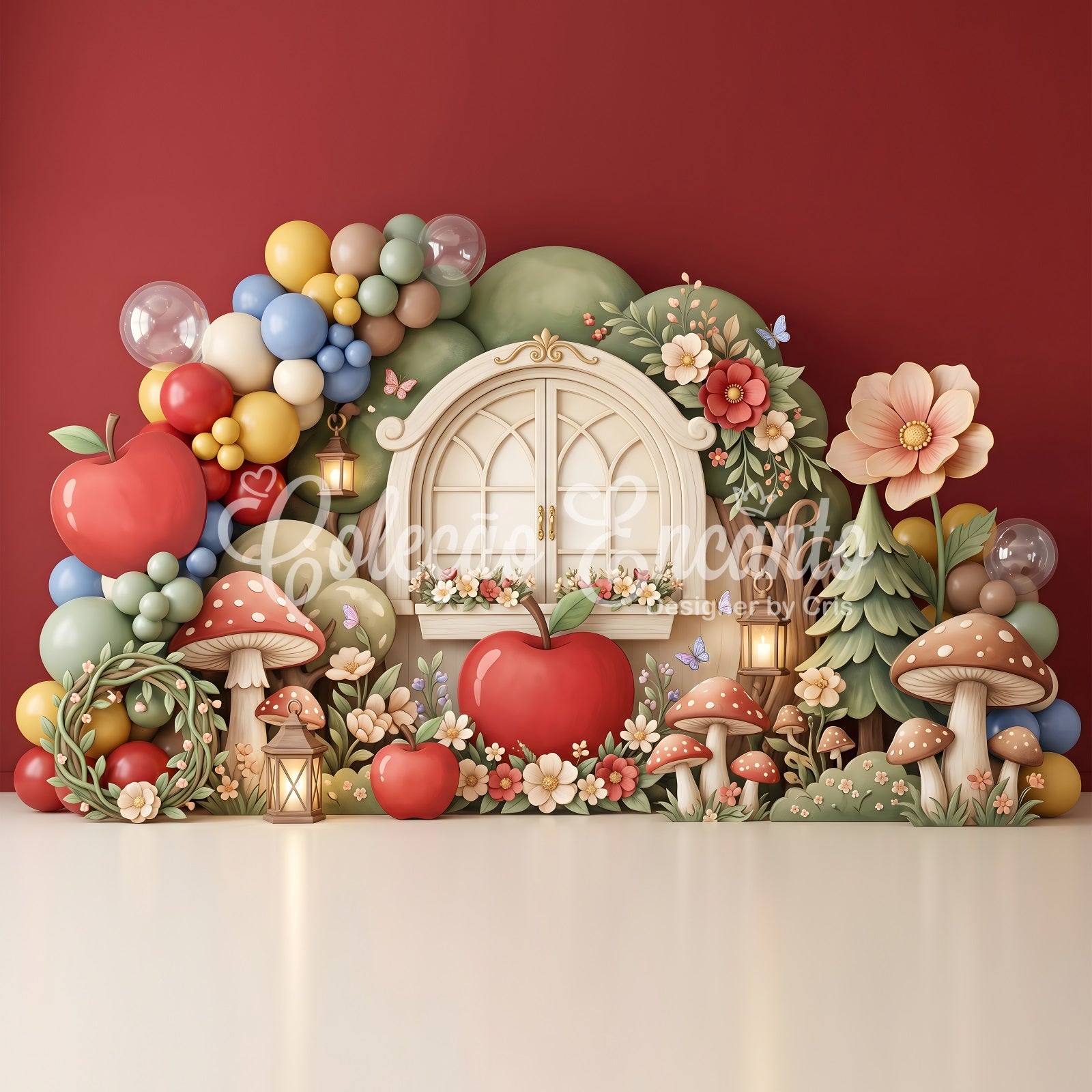 Baby Fotohintergrund Apfel Pilzhaus Fenster Laternen Garten Kinder Hintergrund CEM65-62