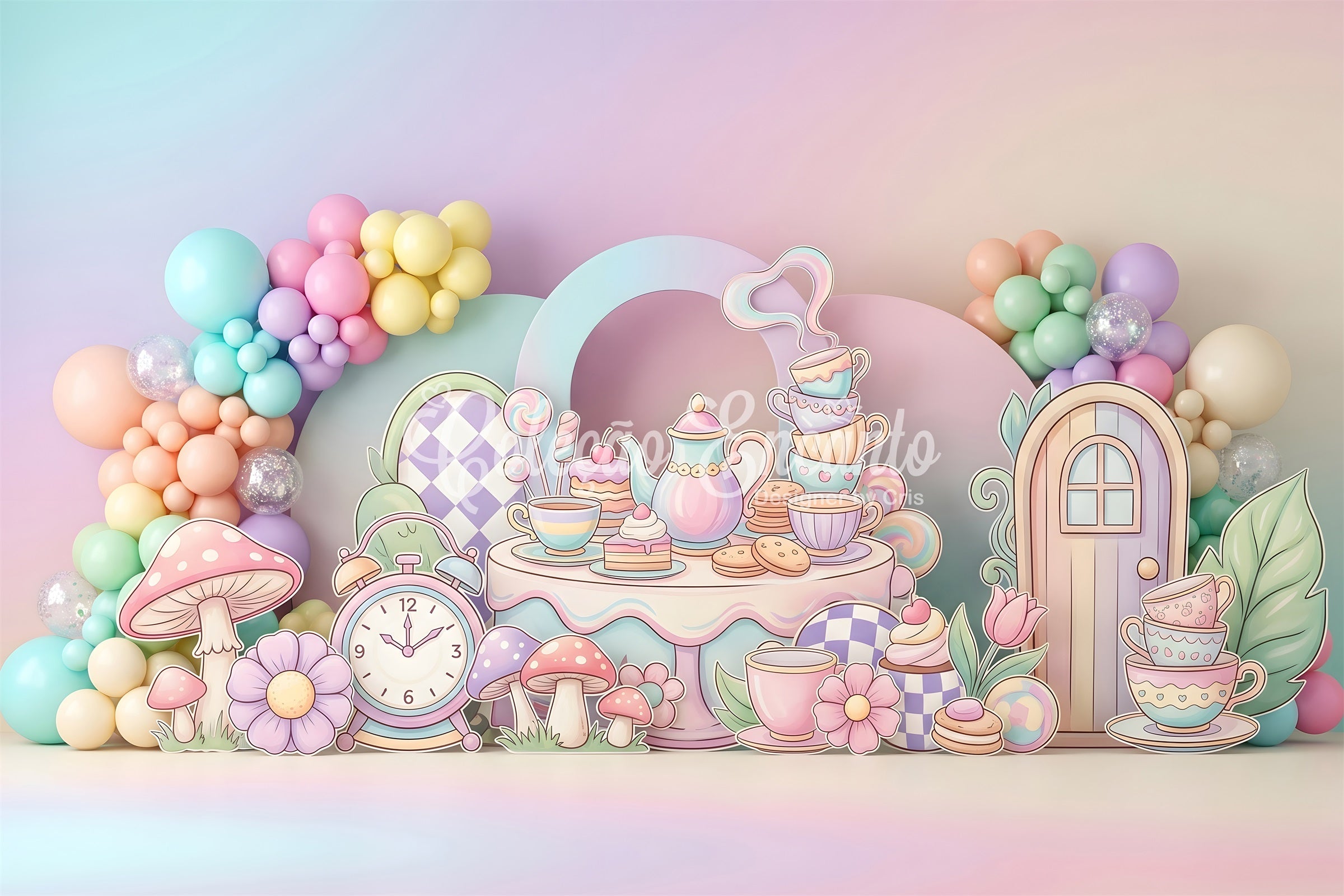 Baby Fotohintergrund Pastell Teeparty Pilzgarten Kinder Kulisse CEM65-68