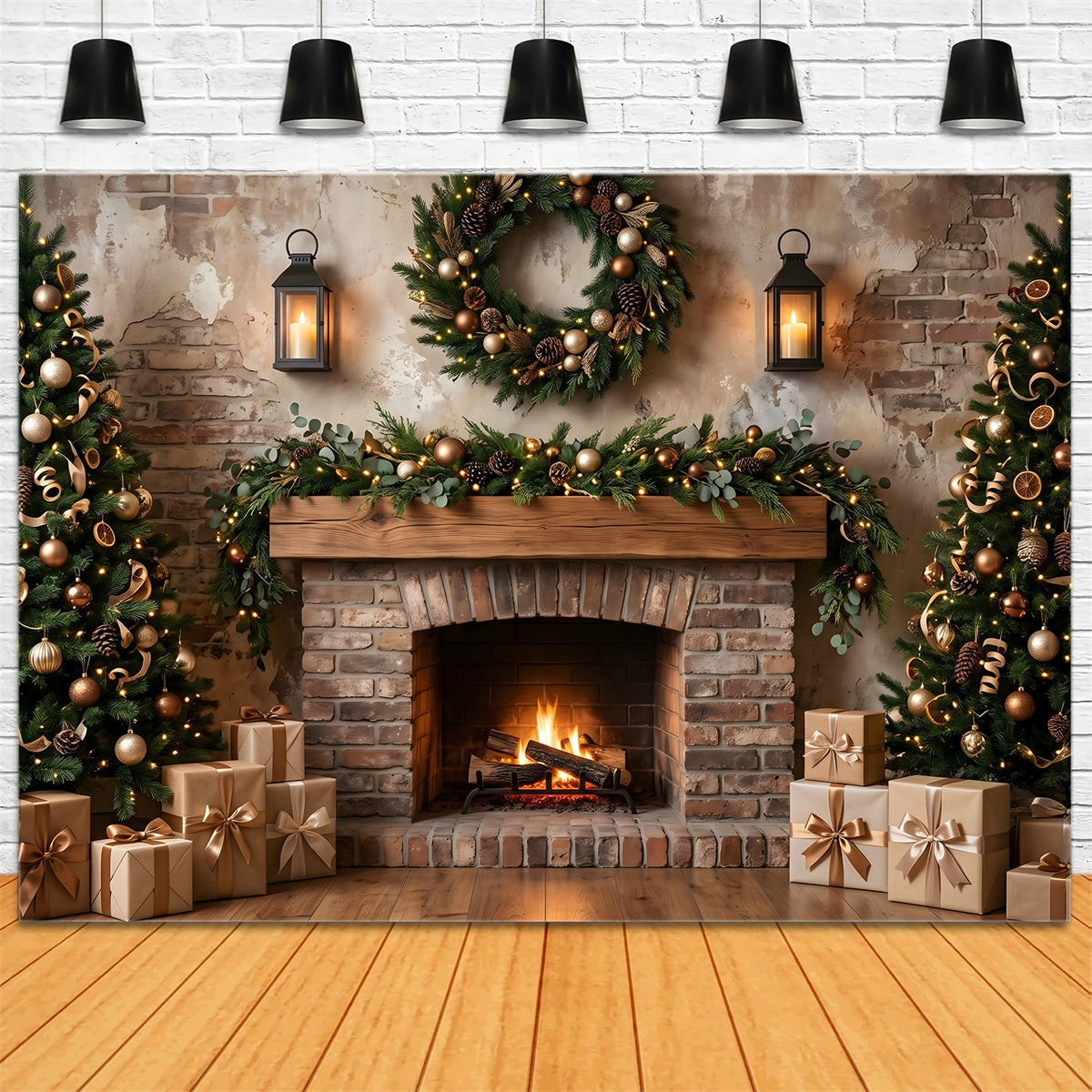 Weihnachten Fotohintergrund Rustikaler Kamin Kranz Laternen Tannen CEM65-69