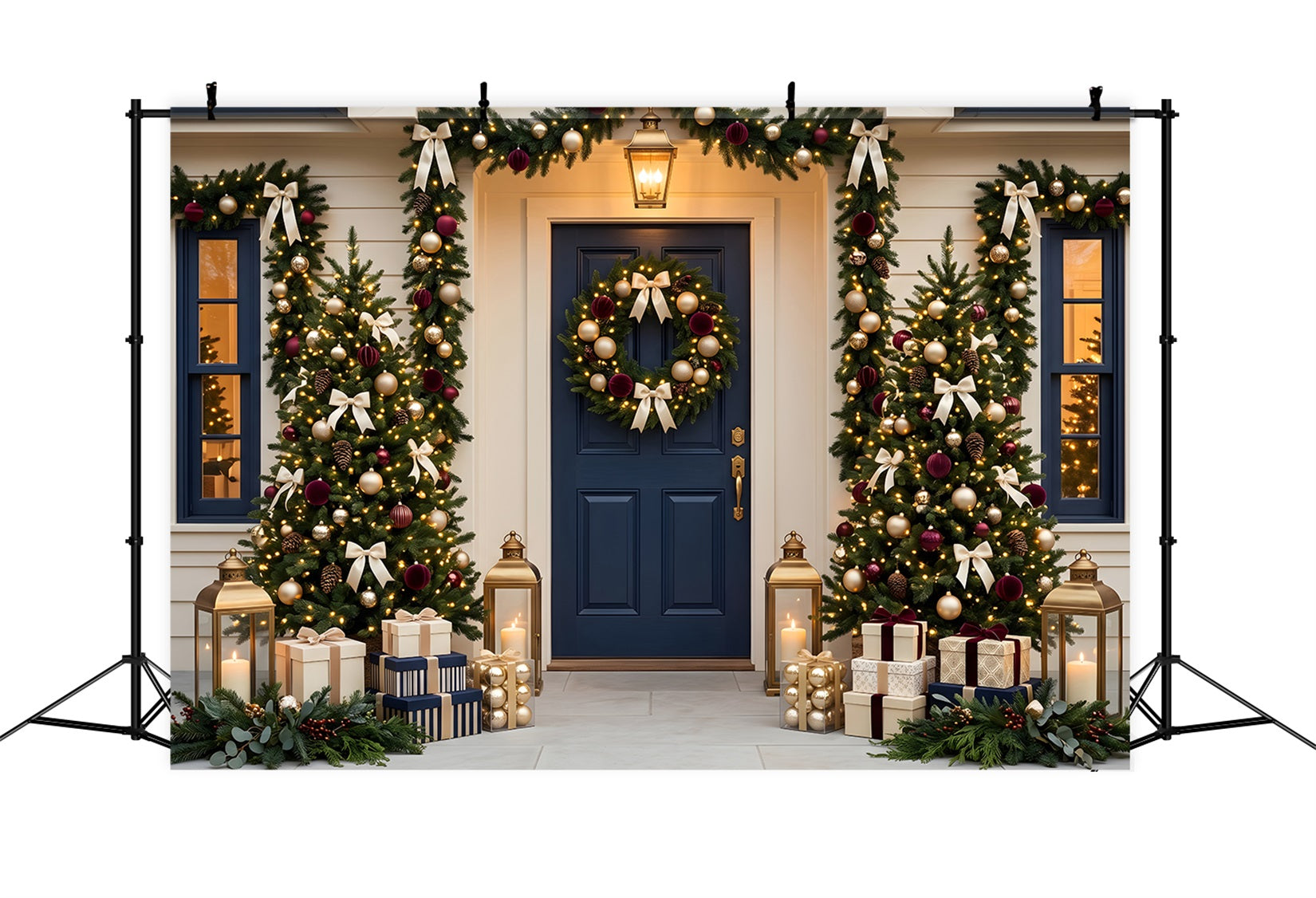Weihnachten Fotohintergrund Dunkelblaue Tür Girlande Veranda Tannenbaum CEM65-70