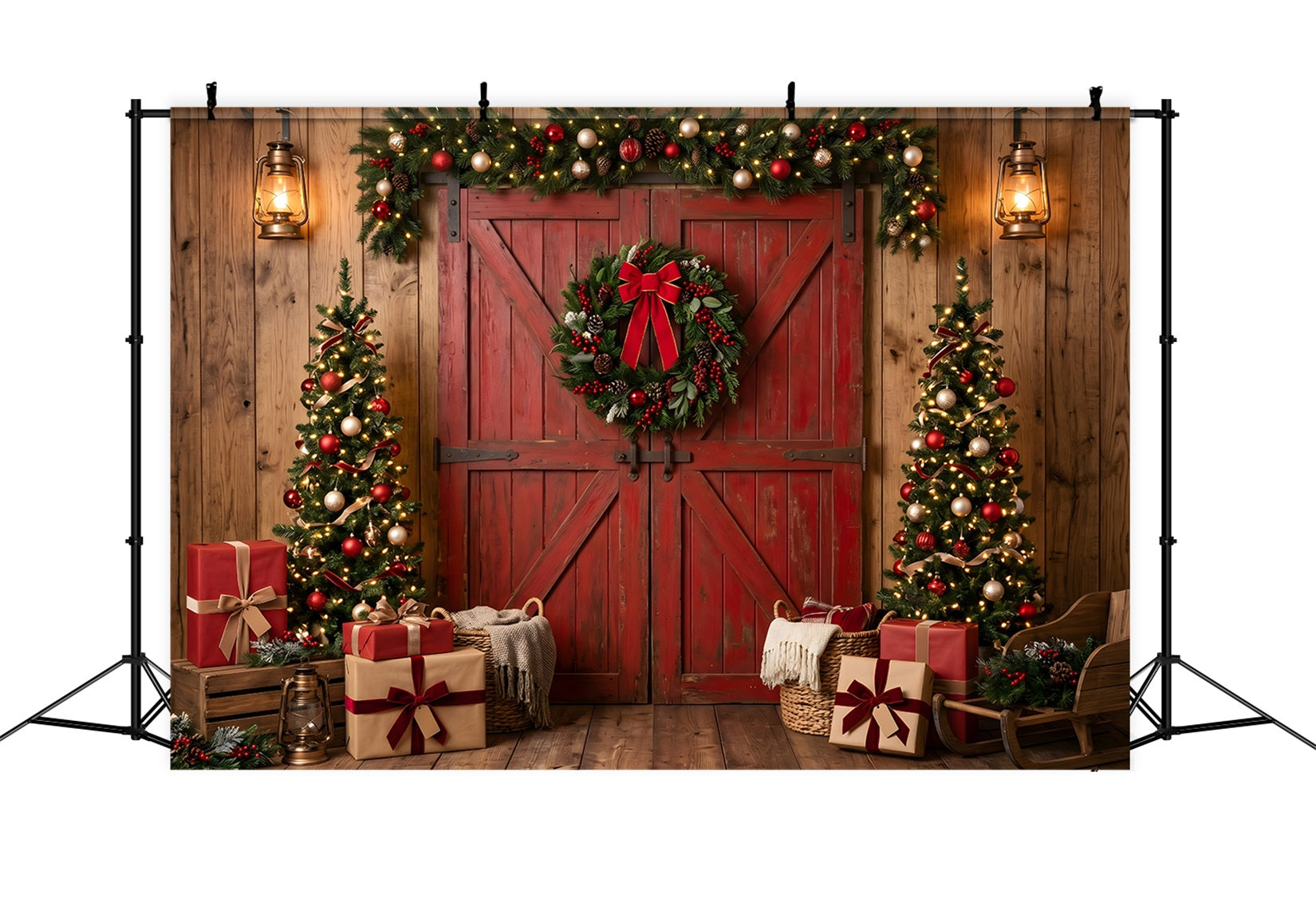 Weihnachten Fotohintergrund Rote Scheune Weihnachtsbaum Kranz CEM65-73