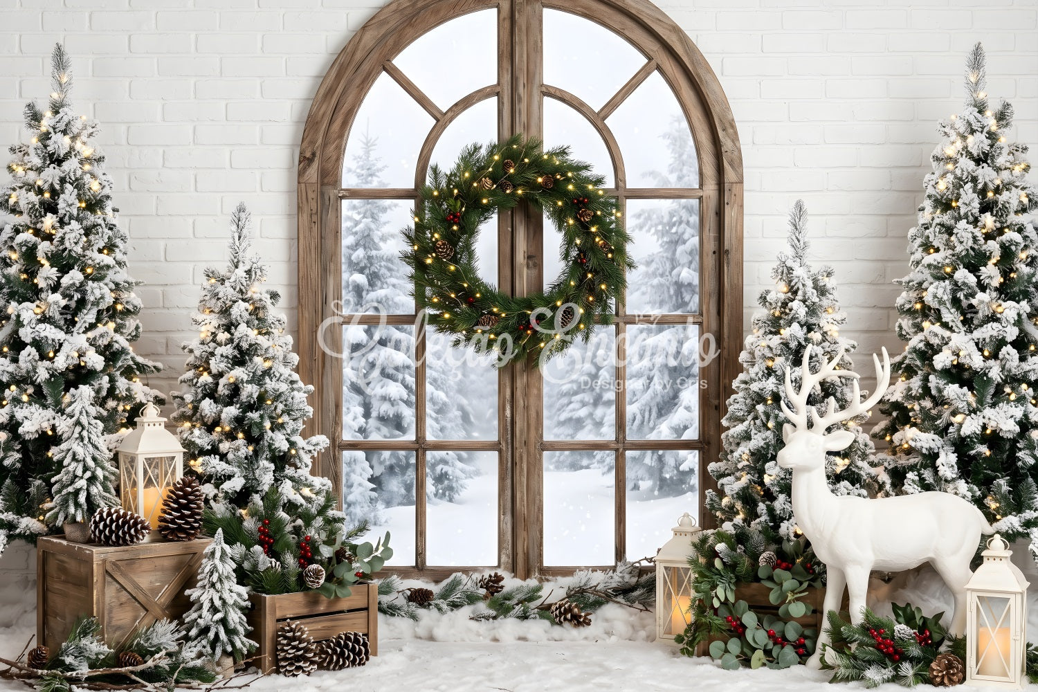 Weihnachten Fotohintergrund Winterfenster Kranz Hirsch Fotobox Kulisse CEM65-74