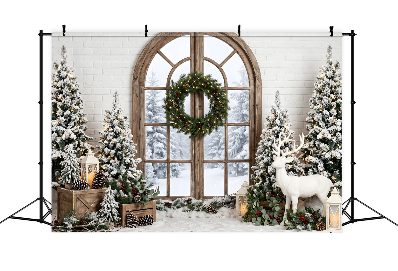Weihnachten Fotohintergrund Winterfenster Kranz Hirsch Fotobox Kulisse CEM65-74