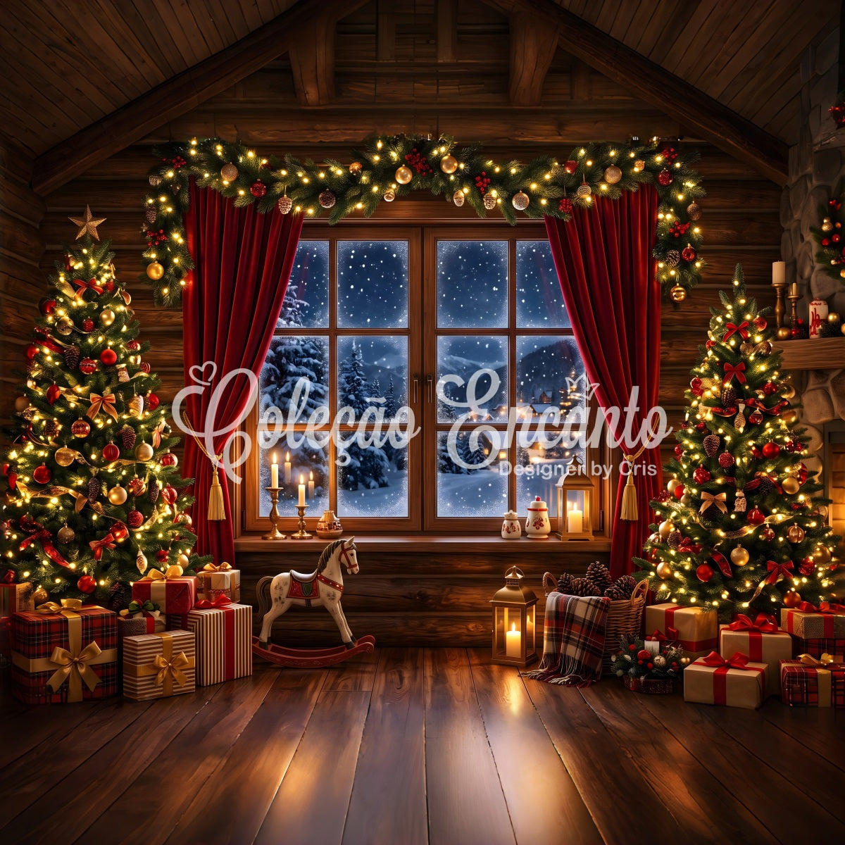Weihnachten Fotohintergrund Gemütliche Berghütte Schneefenster Tannen CEM65-75