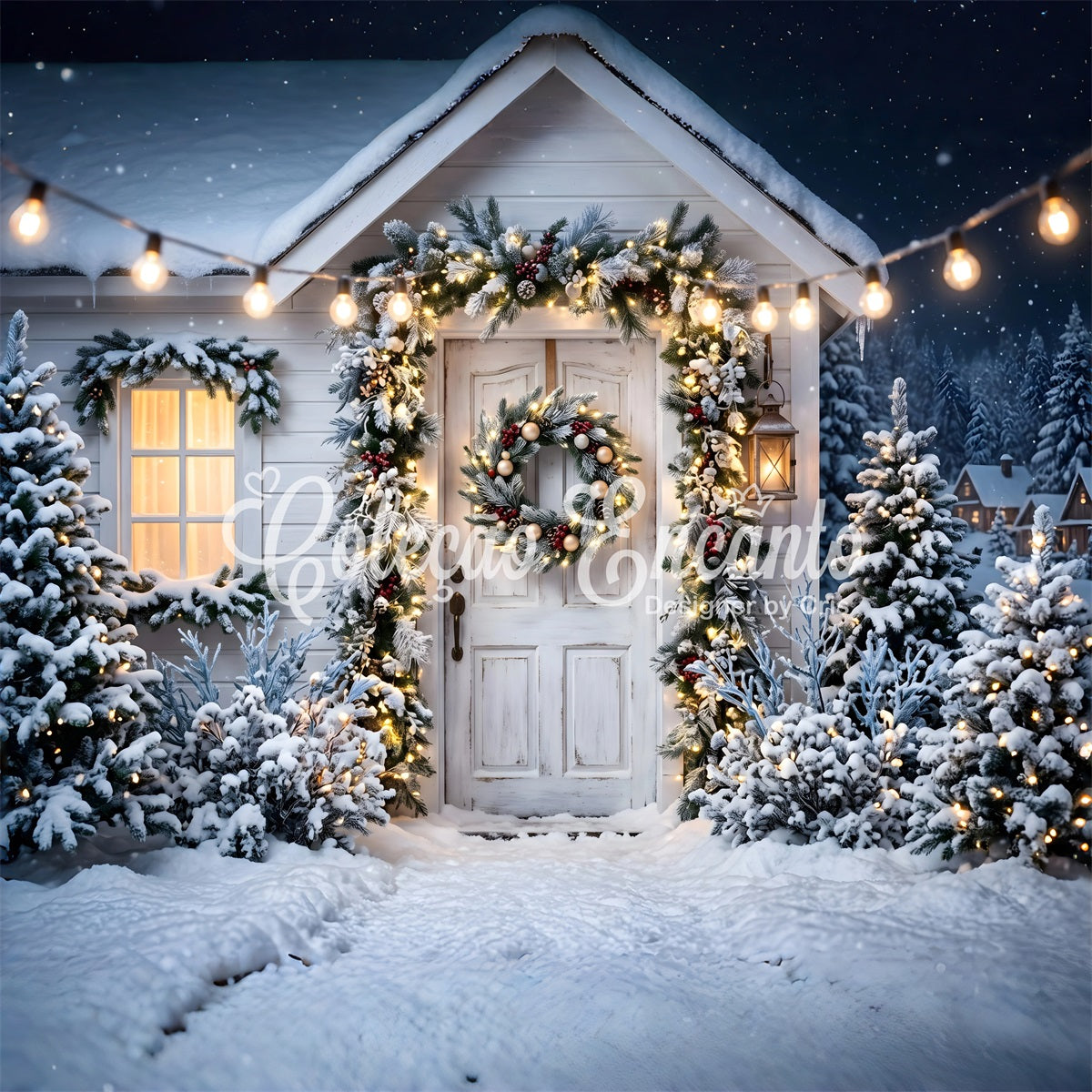 Weihnachten Fotohintergrund Verschneite Veranda Kranz Fotobox Kulisse CEM65-78