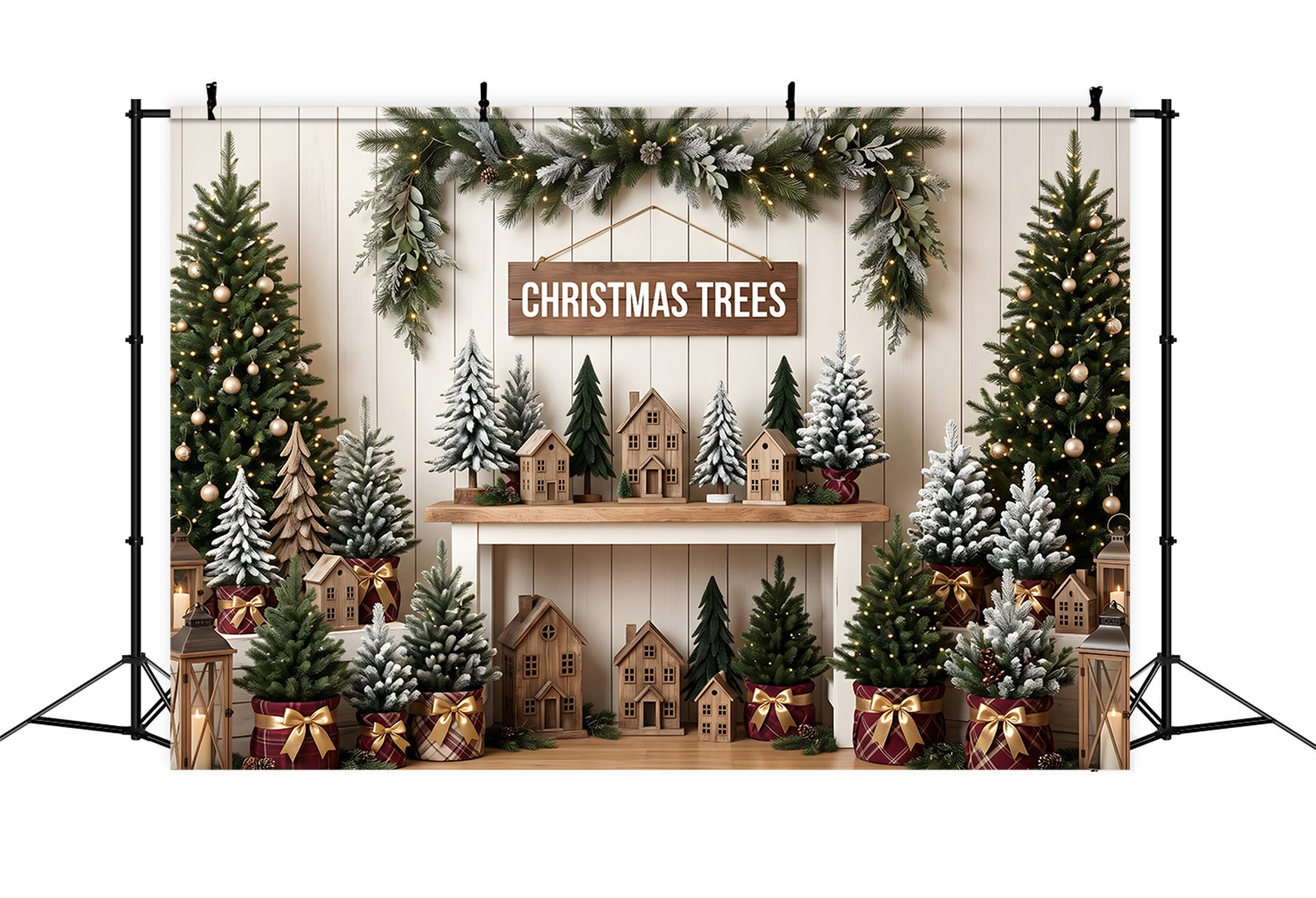 Weihnachten Fotohintergrund Rustikaler Weihnachtsmarkt Tannen Kulisse CEM65-79