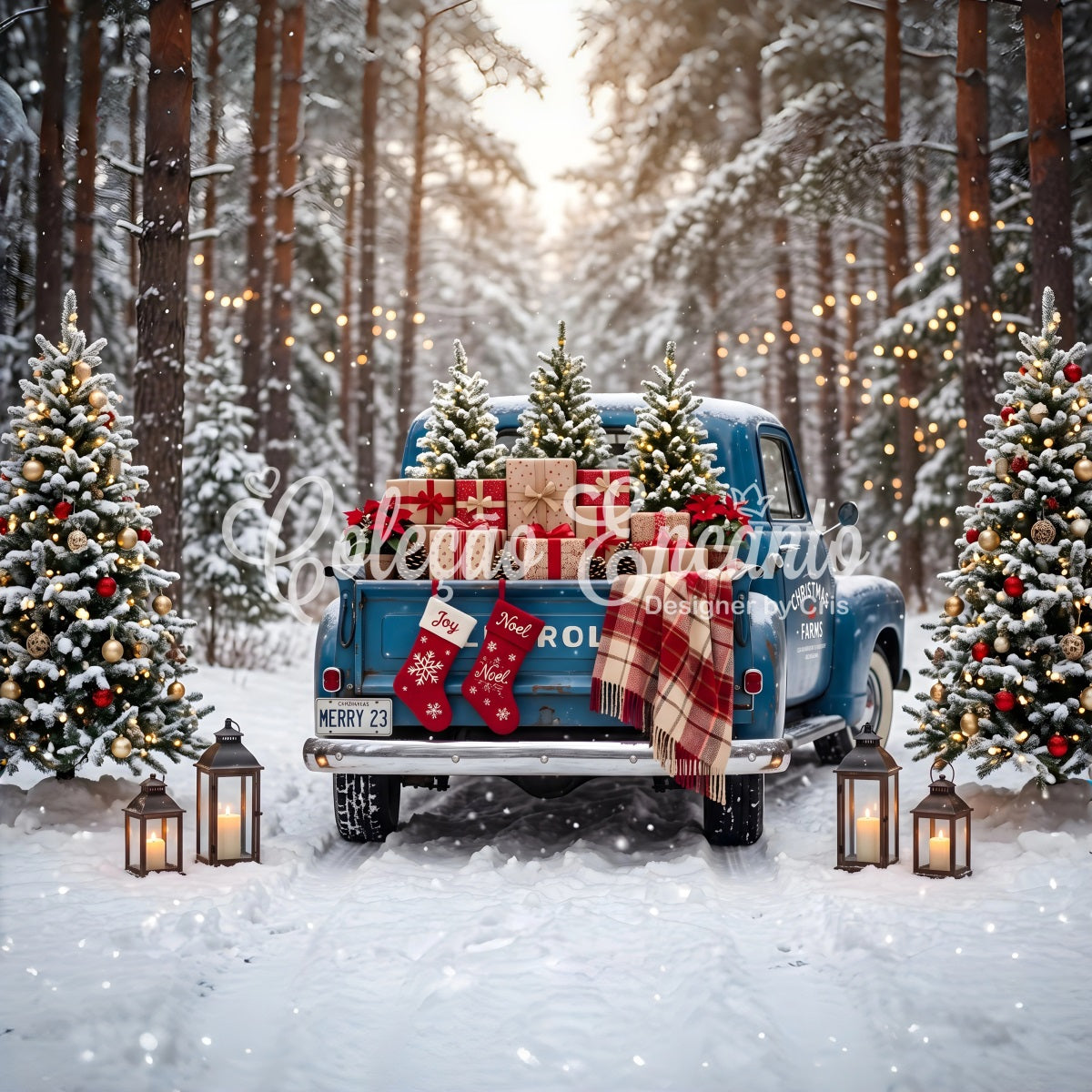 Weihnachts Fotohintergrund Vintage blauer Truck Schnee Wald Kulisse CEM65-84