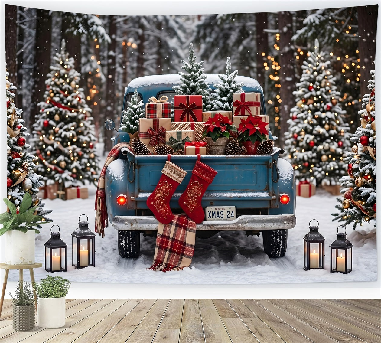 Weihnachts Hintergrund Vintage Pickup Truck Wald Geschenke Fotokulisse CEM65-85