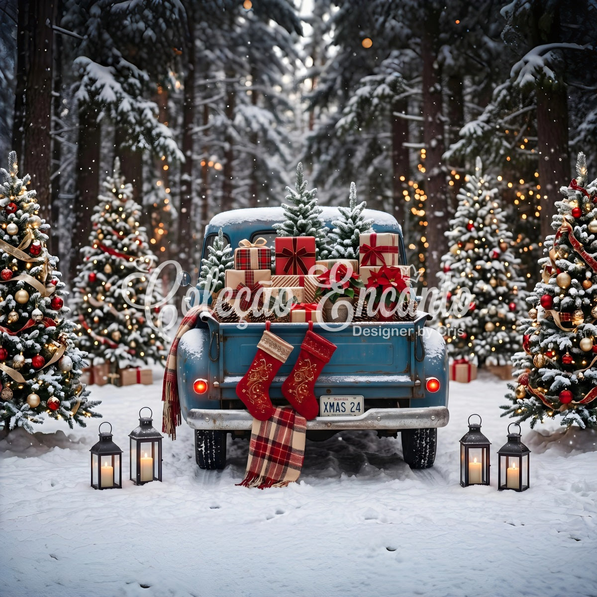 Weihnachts Hintergrund Vintage Pickup Truck Wald Geschenke Fotokulisse CEM65-85
