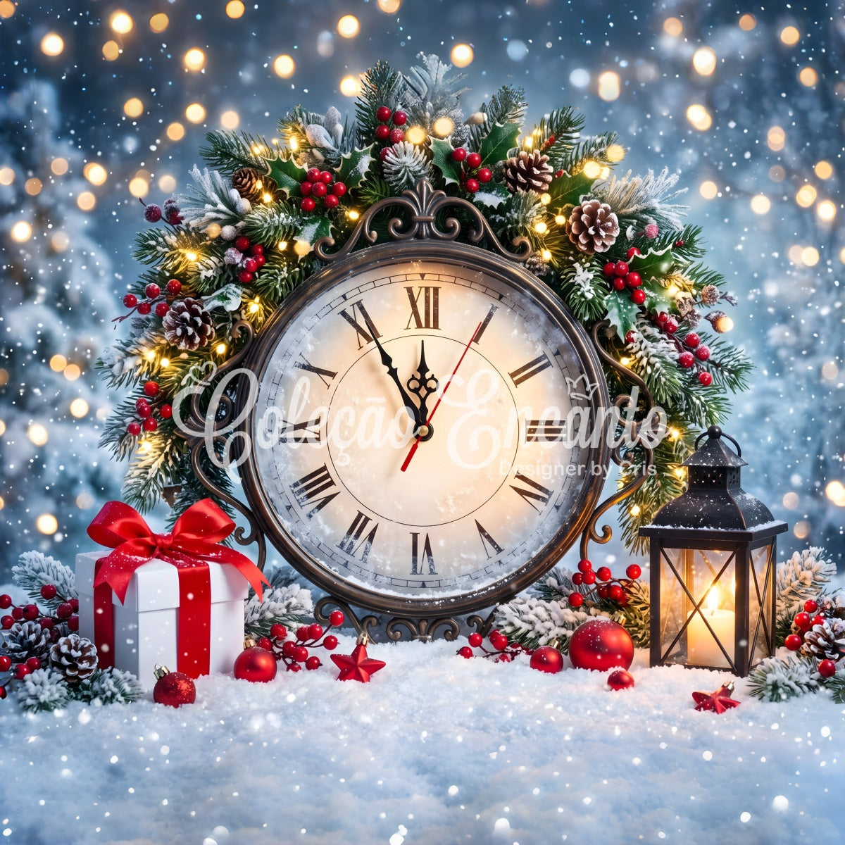 Weihnachts Fotohintergrund Schneenacht Uhr Laternen Kranz Winter Kulisse CEM65-86