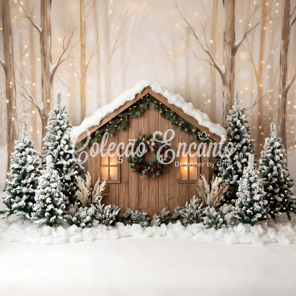 Outdoor Weihnachtskulisse Schnee Wald Hütte Kiefern Lichter Fotohintergrund CEM65-87