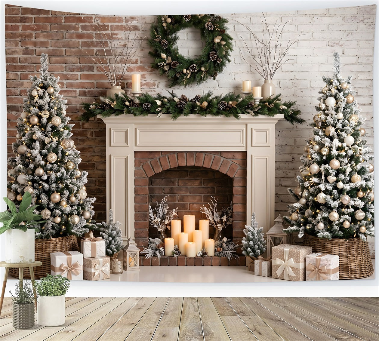Weihnachts Kamin Fotohintergrund Frosted Fireplace Kerzen Tannen Studio Kulisse CEM65-88
