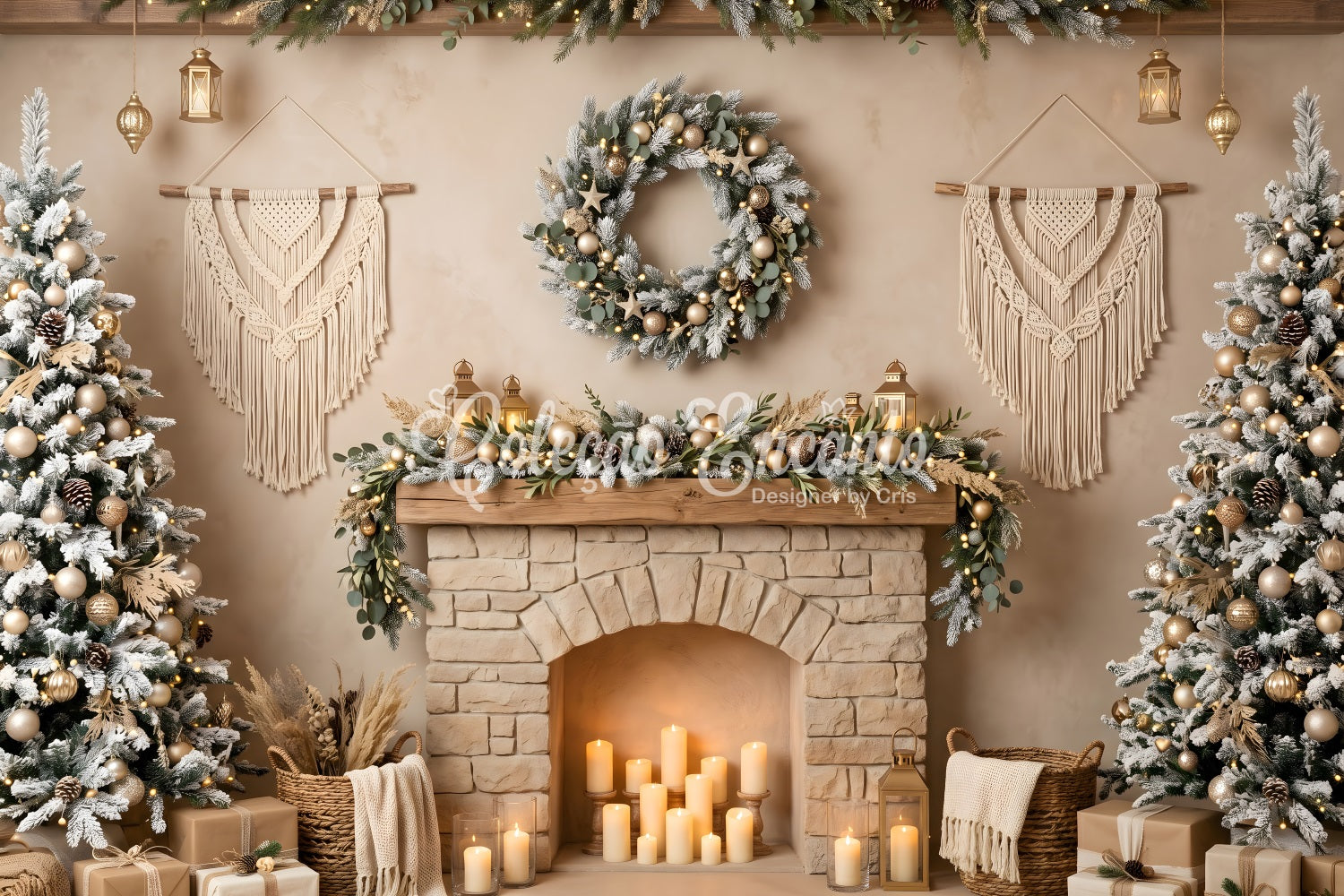 Boho Weihnachts Hintergrund Makramee Kamin Kerzen Winter Fotokulisse CEM65-89
