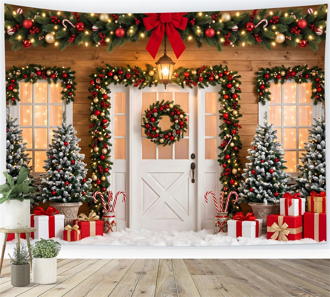 Weihnachts Fotohintergrund rote Schleife Tür Kranz Geschenk Studio Hintergrund CEM65-90