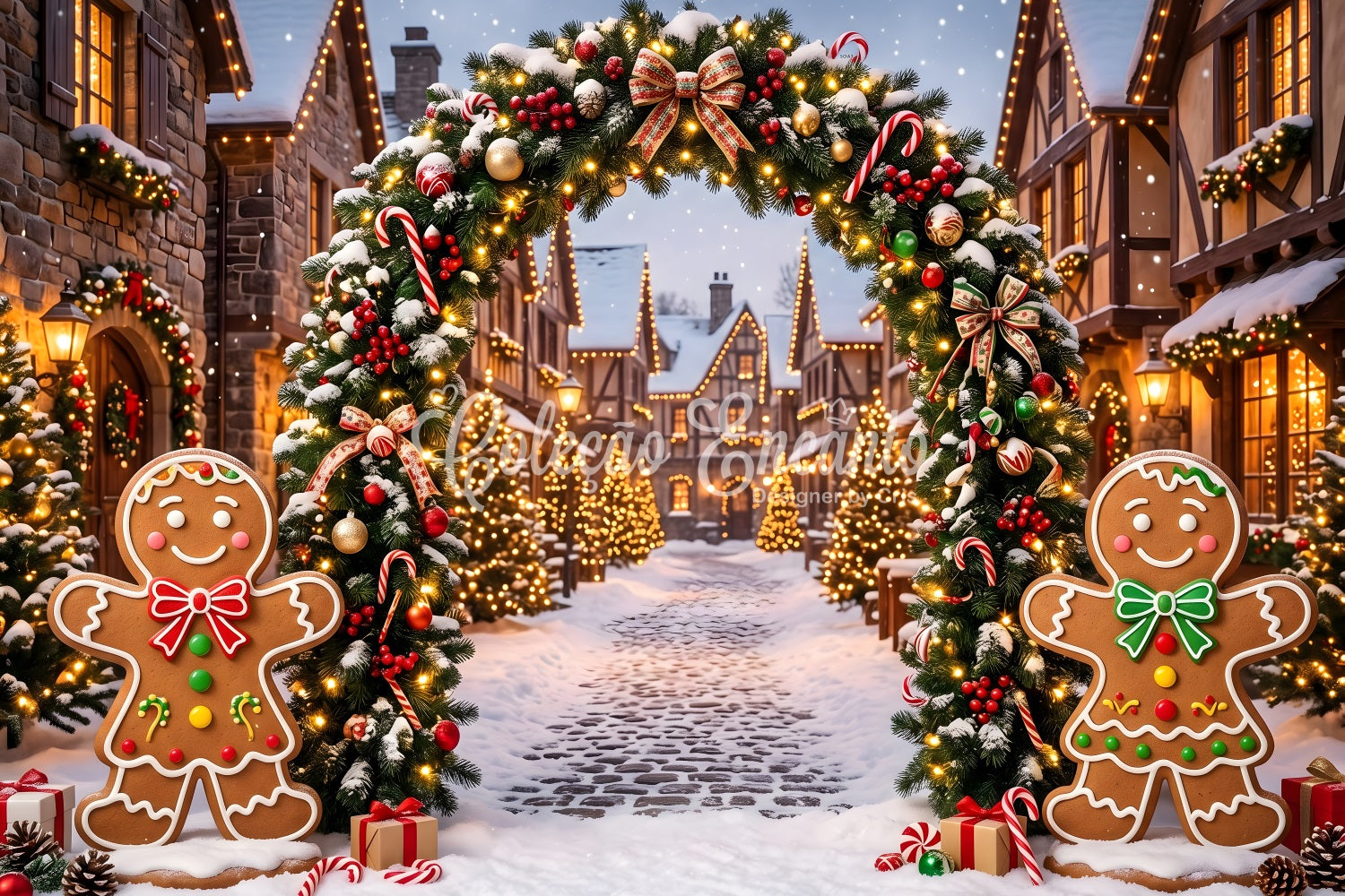 Elegante Weihnachtskulisse Lebkuchen Schneedorf Licht Bogen Szene CEM65-92