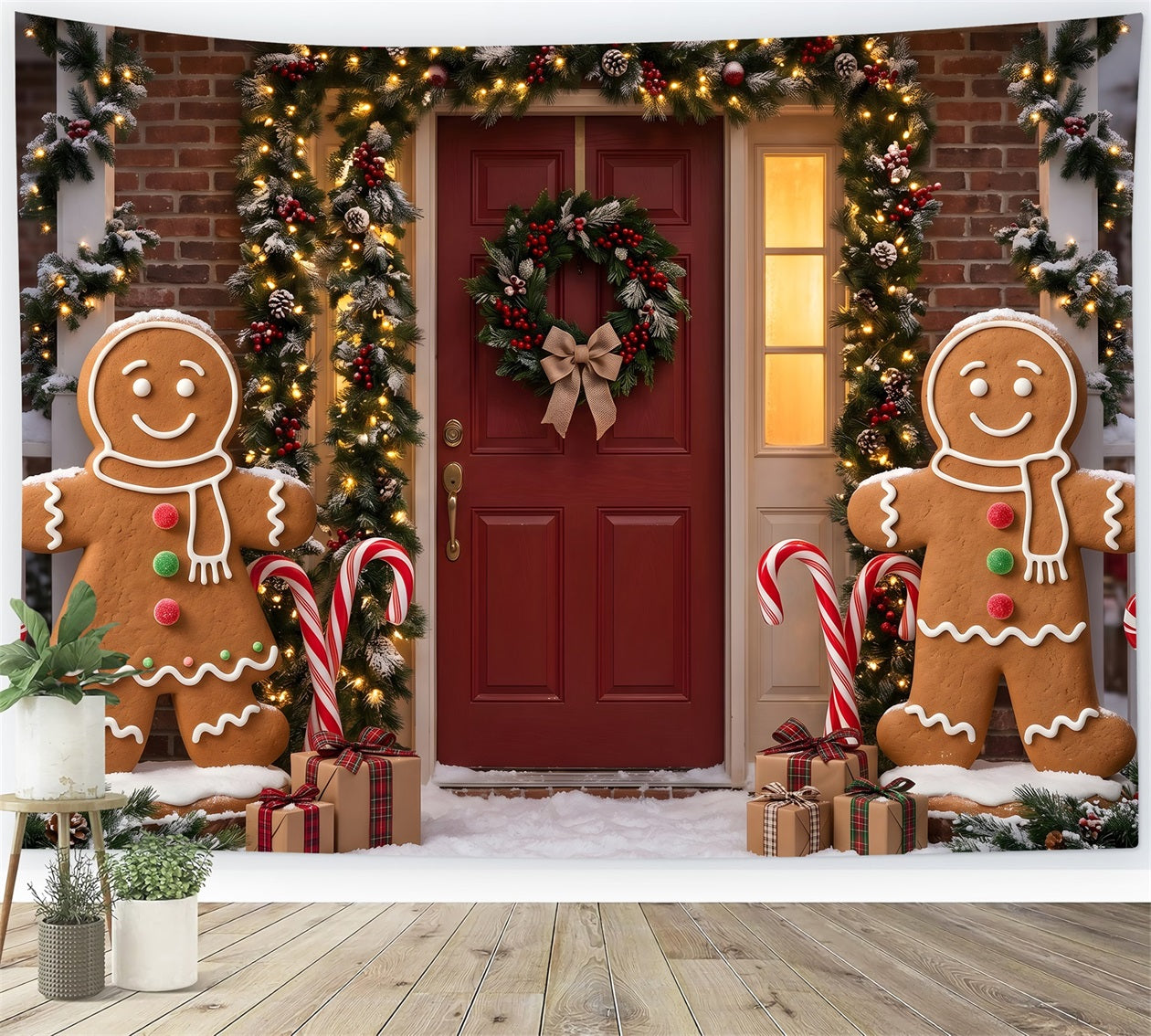 Weihnachten Lebkuchen Tür Girlande Zuckerstangen Fotohintergrund CEM65-94