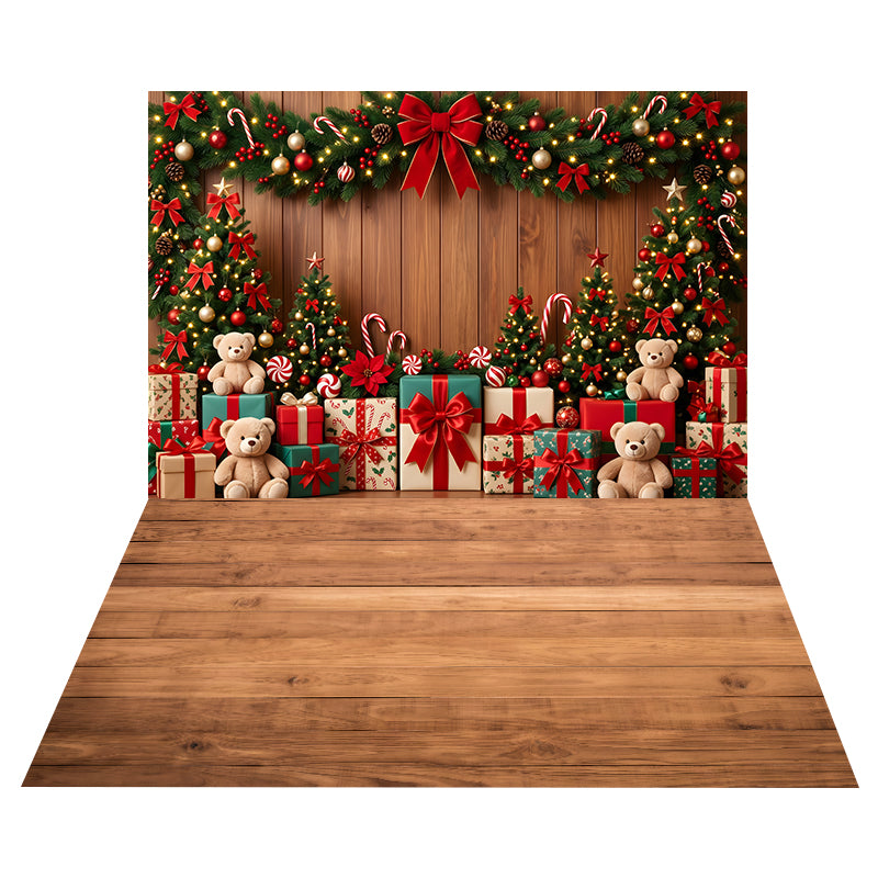 Teddybär mit Geschenken Hintergrund + Heller Holzdielen Bodenhintergrund CEMCBS65-11