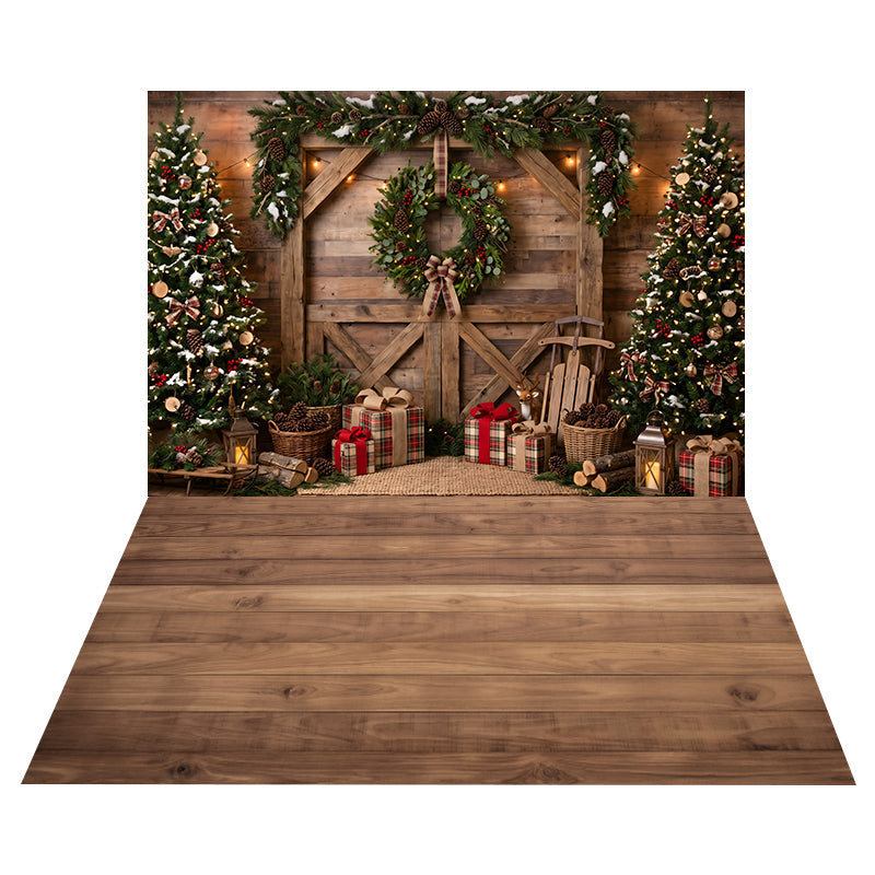 Rustikale Scheunentore mit Weihnachtskränzen Hintergrund + Warmer Zedernholzboden Hintergrund CEMCBS65-36