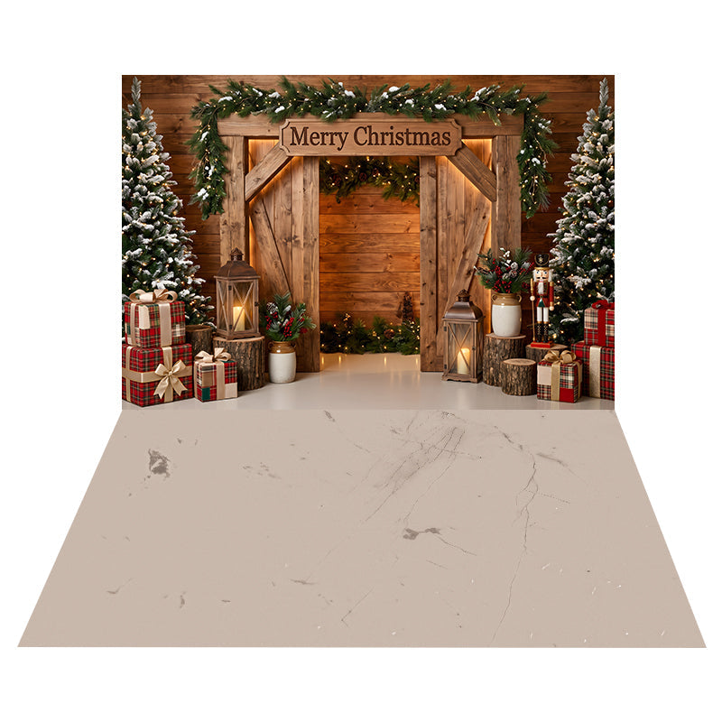 Rustikale Weihnachtsscheune Hintergrund + Warmer Elfenbeinfarbener Marmorboden Hintergrund CEMCBS65-39