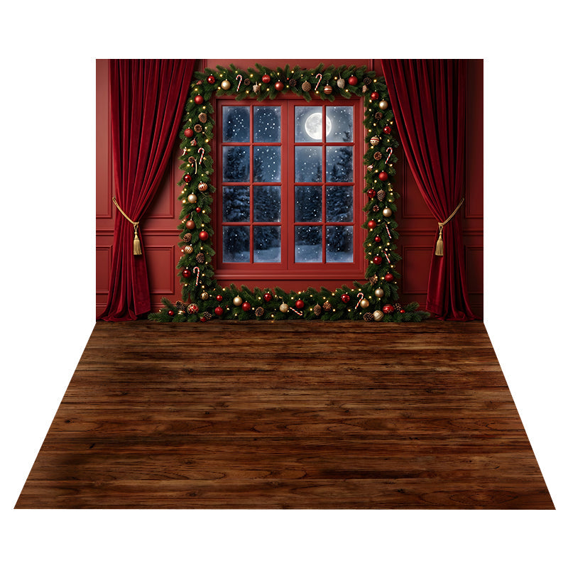 Fenster mit Roter Weihnachtsgirlande Hintergrund + Dunkler Rustikaler Holzboden Hintergrund CEMCBS65-6