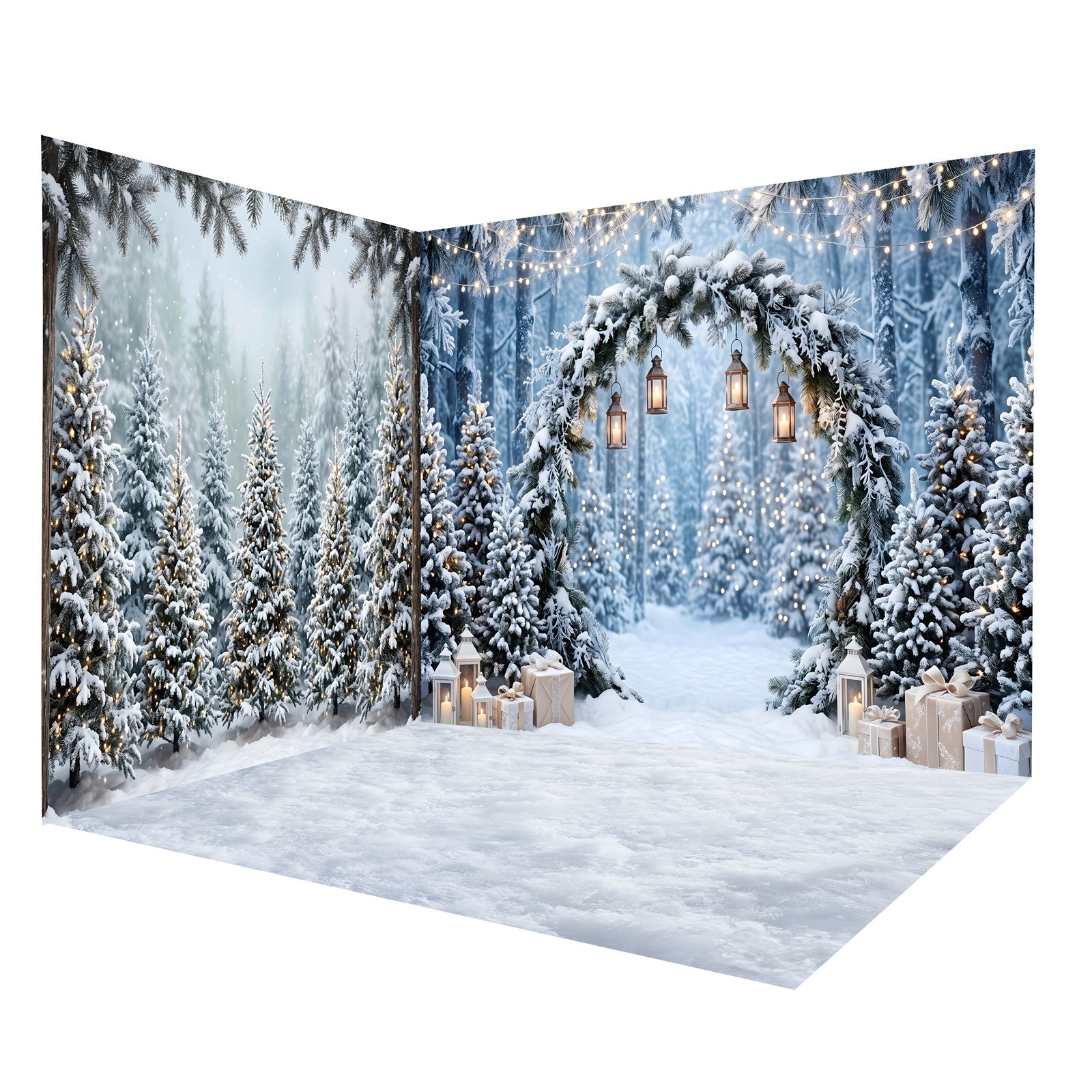 Weihnachtsbaum-Fotohintergrund Verschneiter Tannenbogen mit Laternen Raumkulissen-Set CEMRMS65-8