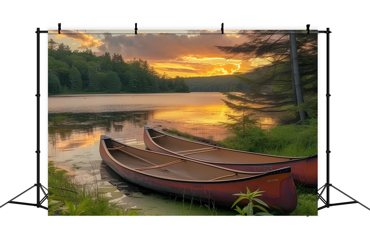 Fotografie Backdrops Wald Sonnenuntergang Kanu Ruhiger See Hintergrund CJJ2-131