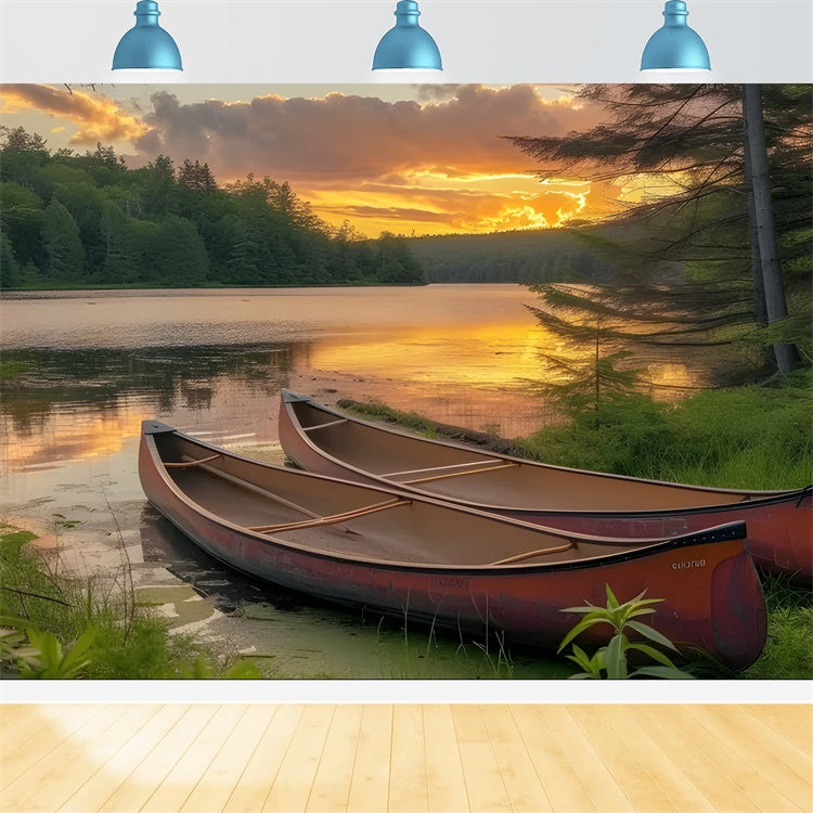 Fotografie Backdrops Wald Sonnenuntergang Kanu Ruhiger See Hintergrund CJJ2-131