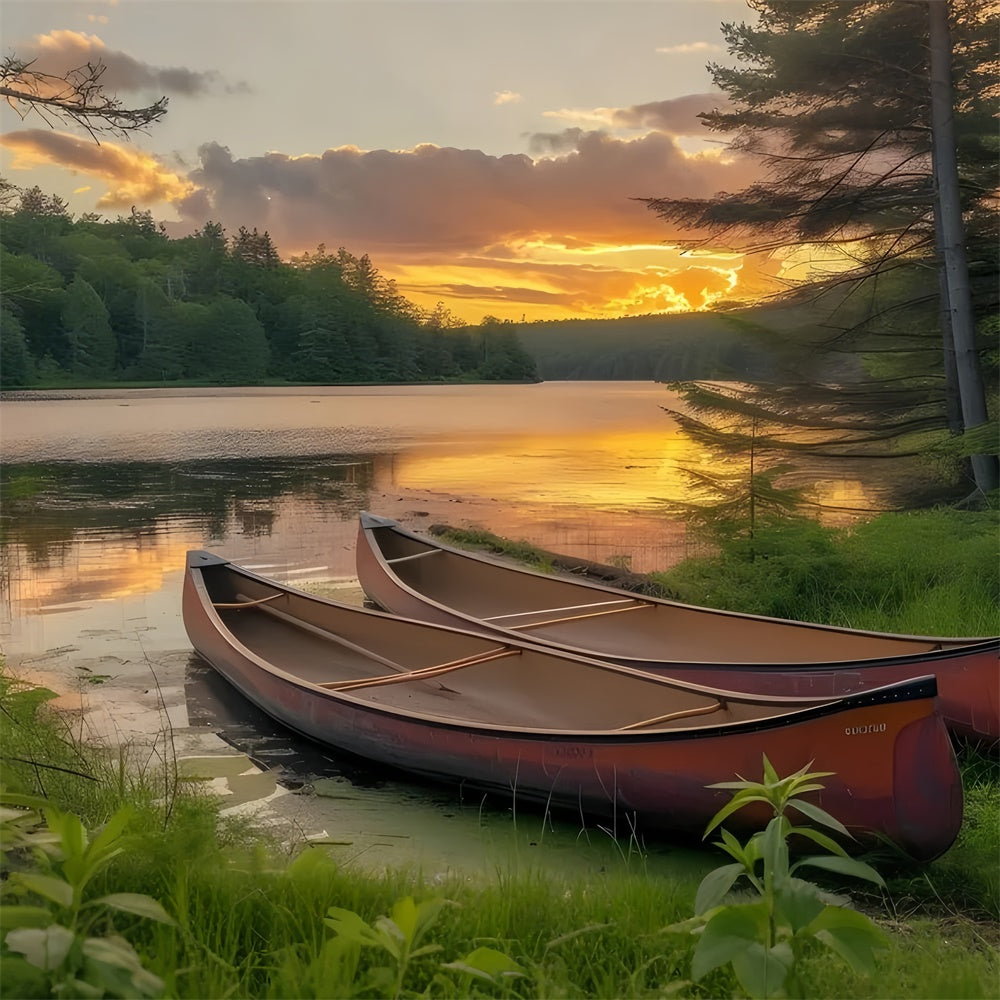 Fotografie Backdrops Wald Sonnenuntergang Kanu Ruhiger See Hintergrund CJJ2-131
