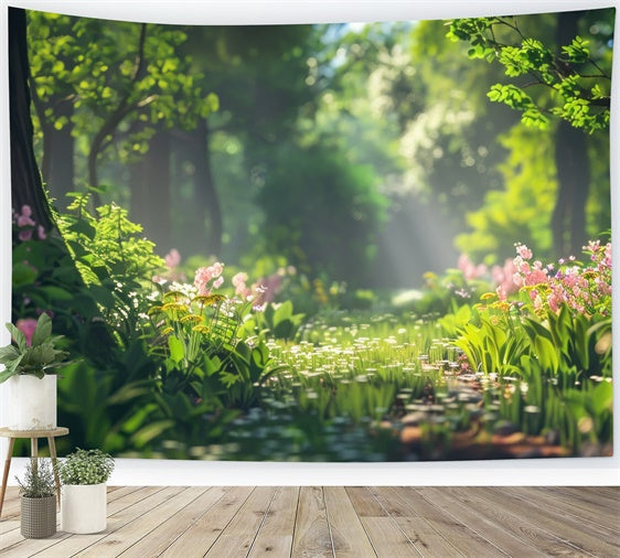 Wald Fotohintergrund Goldener Sonnenstrahl Wildblumenhintergrund CJJ2-40
