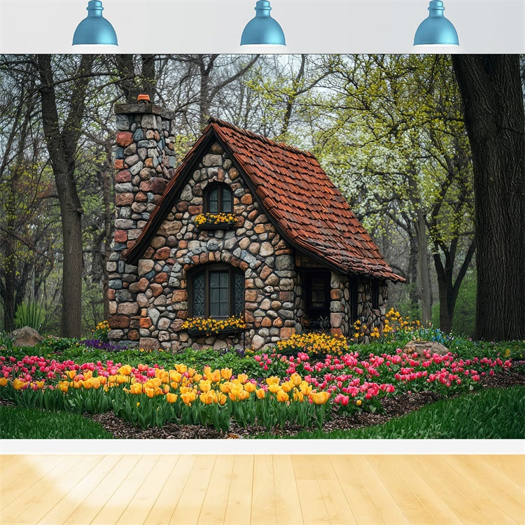 Wald Fotohintergrund Charmante Blume Steinhaus Hintergrund CJJ2-50