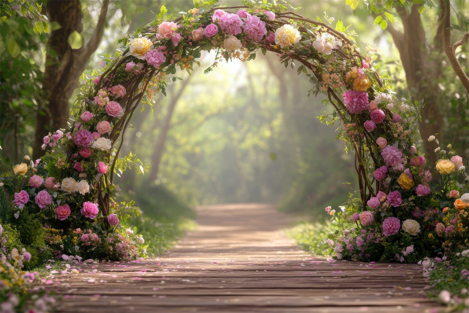 Fotografie Hintergrund Wald Eleganter Blumenbogen Pfad Hintergrund CJJ2-62