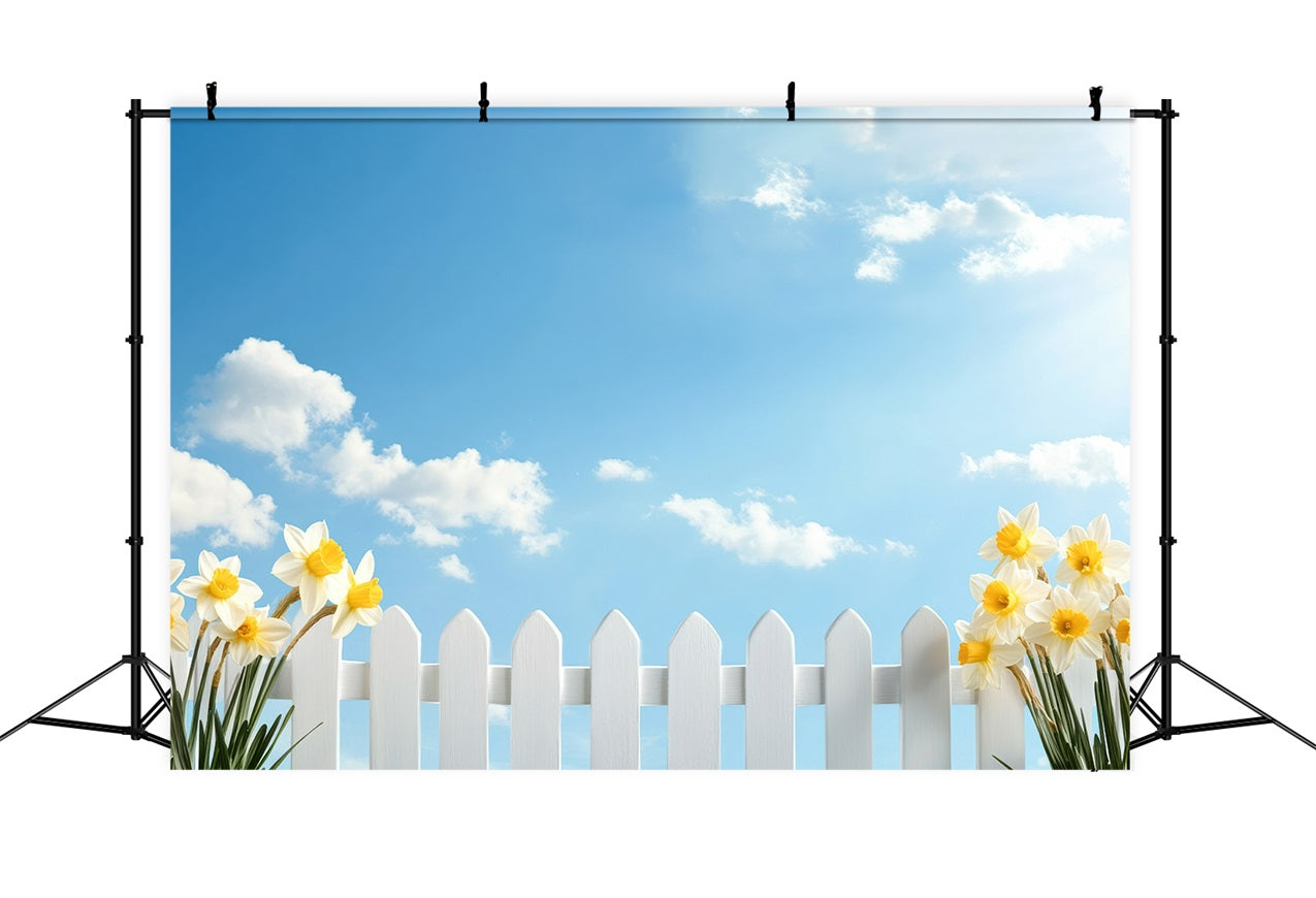 Narzisse Backdrop Blauer Himmel Weißer Zaun Blume Backdrop CJJ2-9