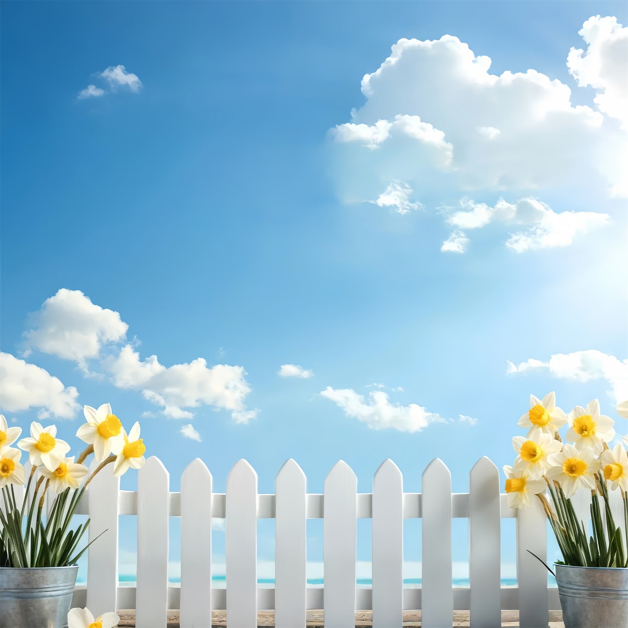 Narzisse Backdrop Blauer Himmel Weißer Zaun Blume Backdrop CJJ2-9