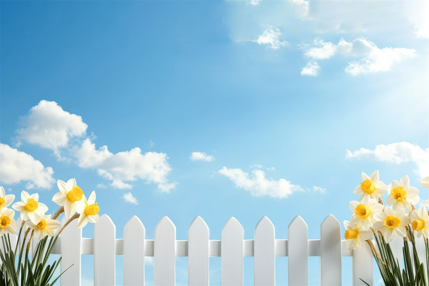 Narzisse Backdrop Blauer Himmel Weißer Zaun Blume Backdrop CJJ2-9