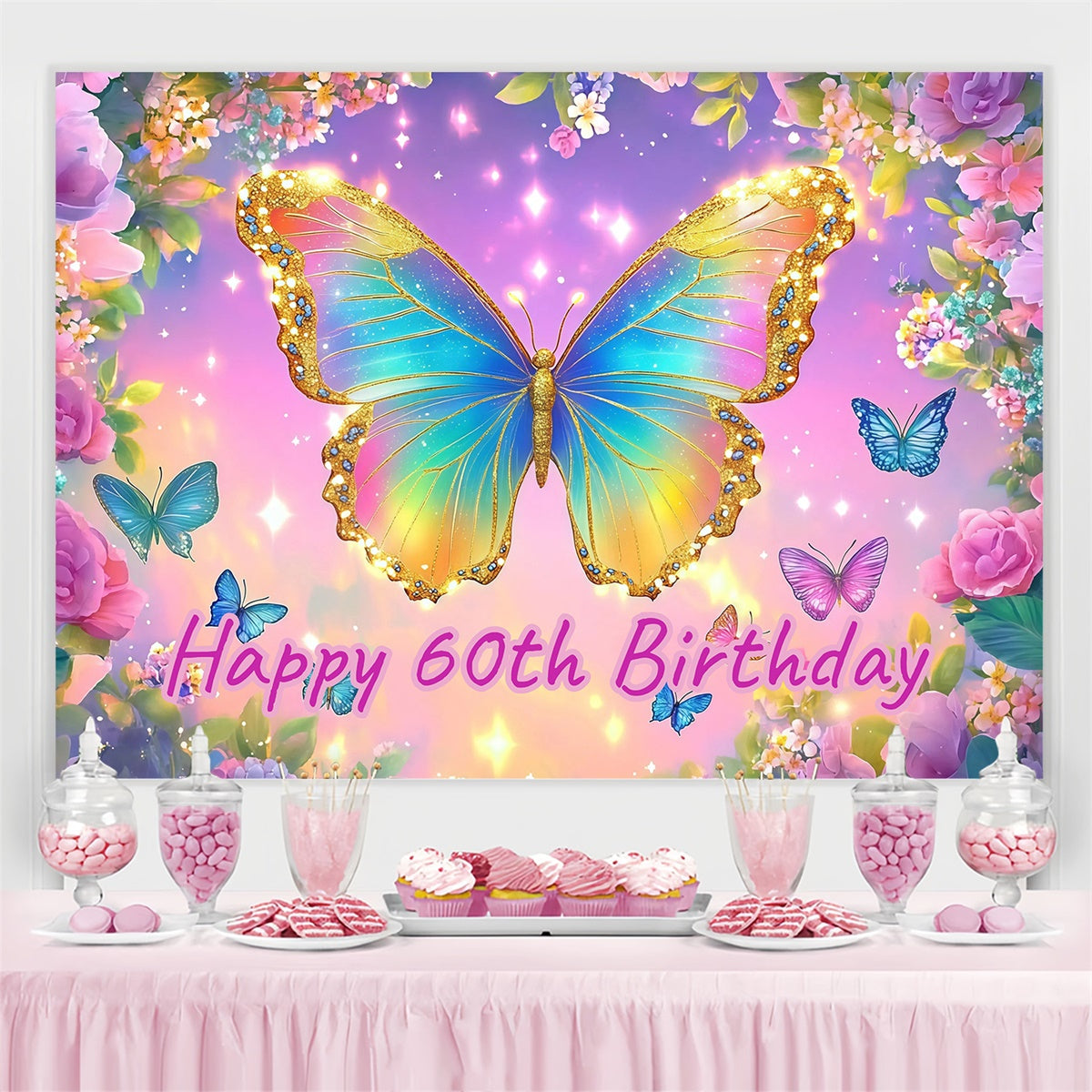 Personalisierte 60. Geburtstag Backdrop Bunte Glitter Schmetterling Backdrop CJJ3-201