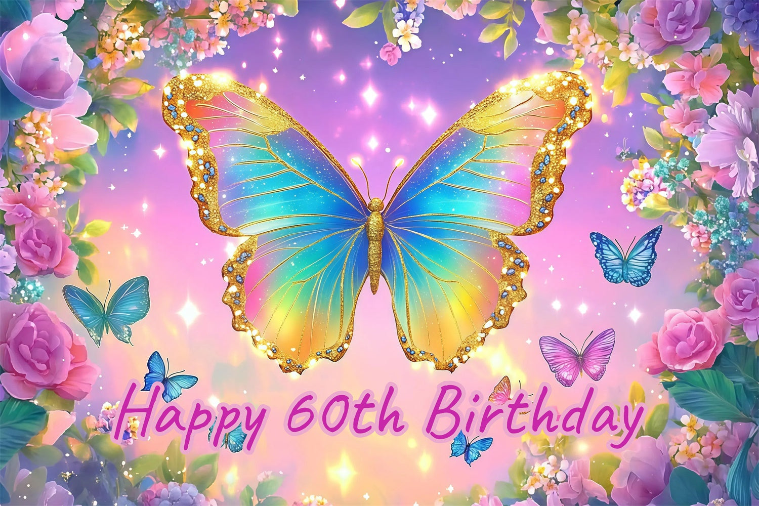 Personalisierte 60. Geburtstag Backdrop Bunte Glitter Schmetterling Backdrop CJJ3-201