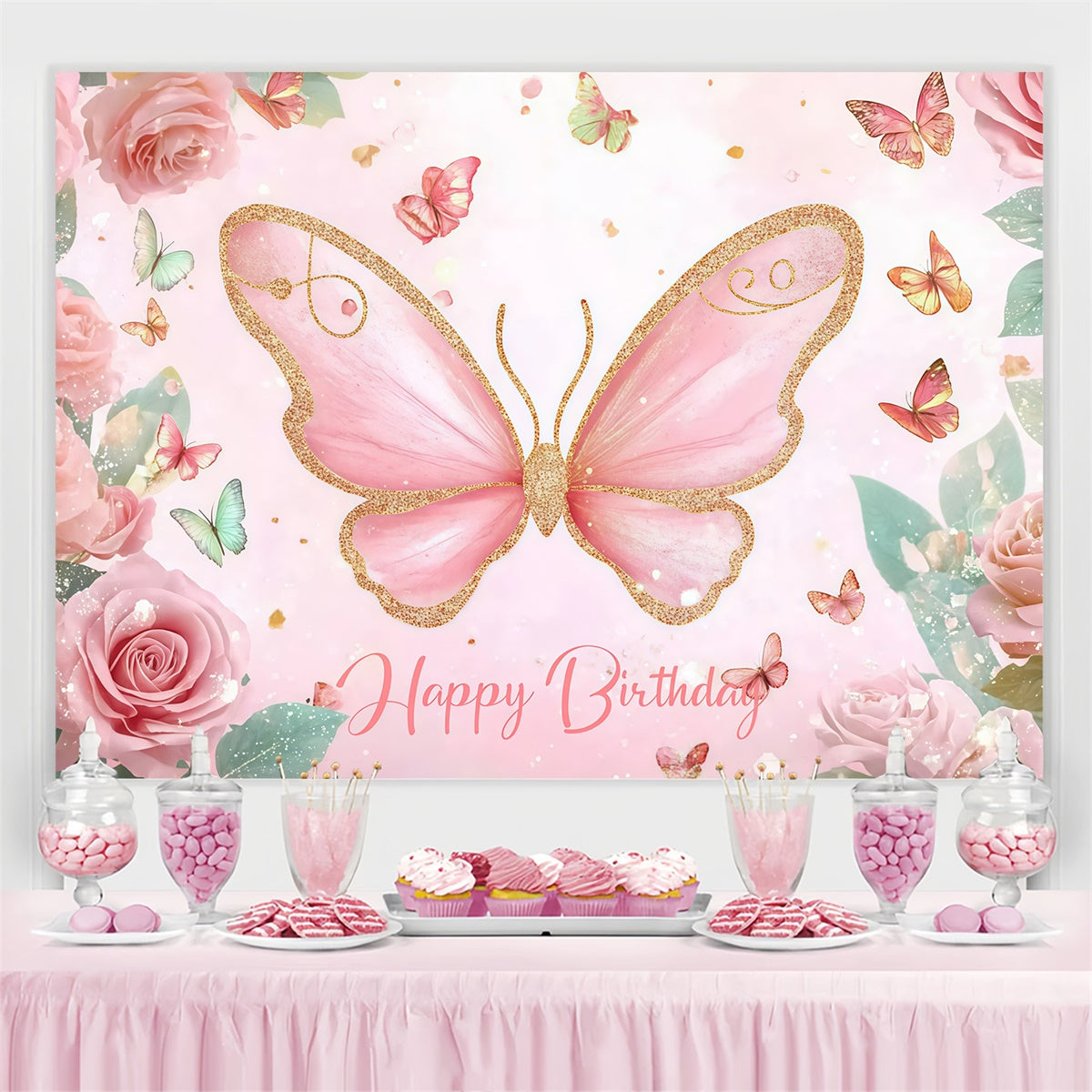 Customized Backdrop für Geburtstag Rosa Schmetterling Floral Backdrop CJJ3-203