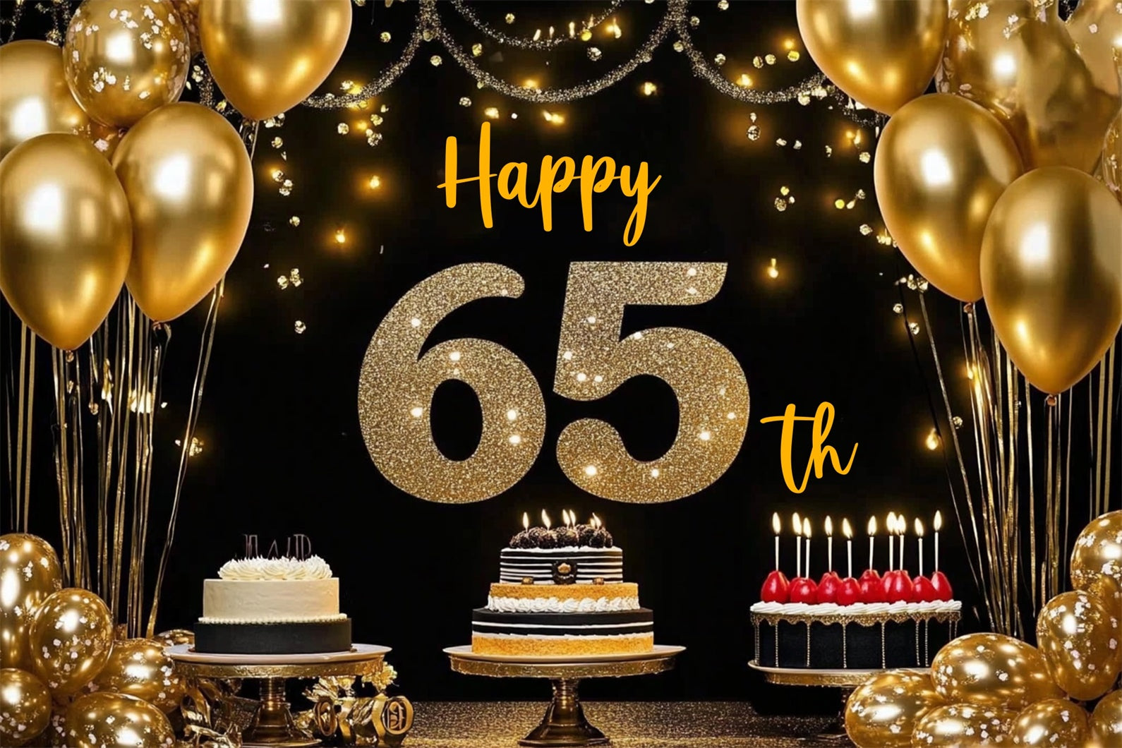 Customize Backdrop für Geburtstag Gold Ballons Kuchen 65. Hintergrund CJJ3-211