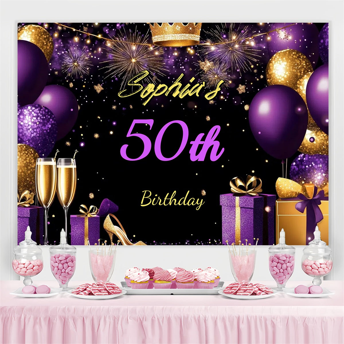 Individuell gestaltete Geburtstagskulisse Royal Purple Shoe Gift 50th Backdrop CJJ3-214