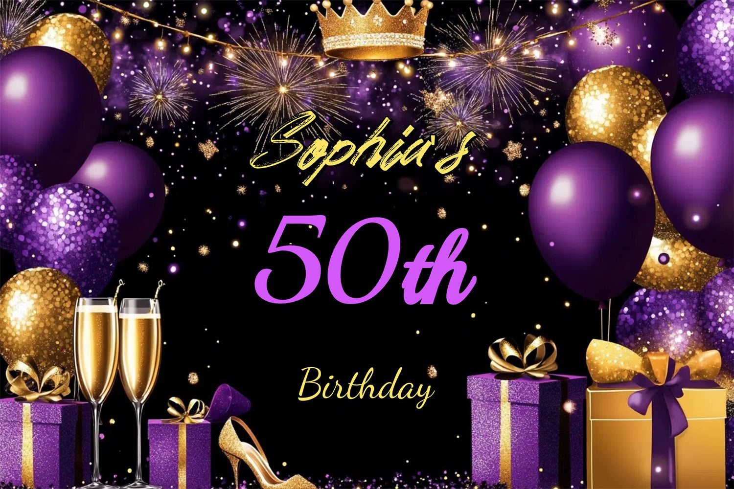 Individuell gestaltete Geburtstagskulisse Royal Purple Shoe Gift 50th Backdrop CJJ3-214