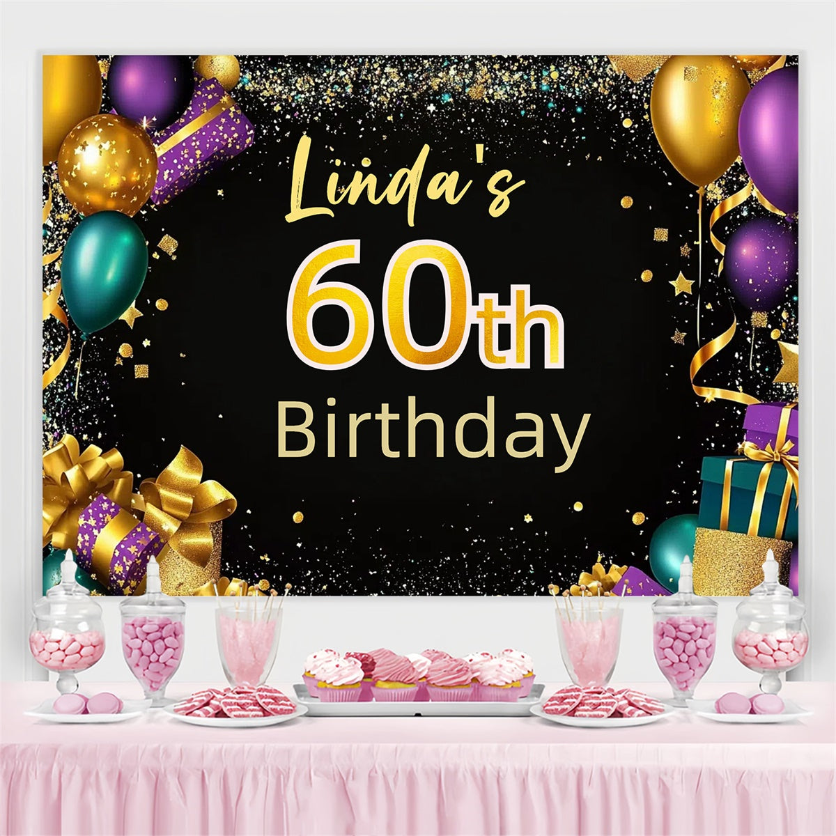 Personalisierte 60. Geburtstag Backdrop Ballon Bunte Konfetti Hintergrund CJJ3-215