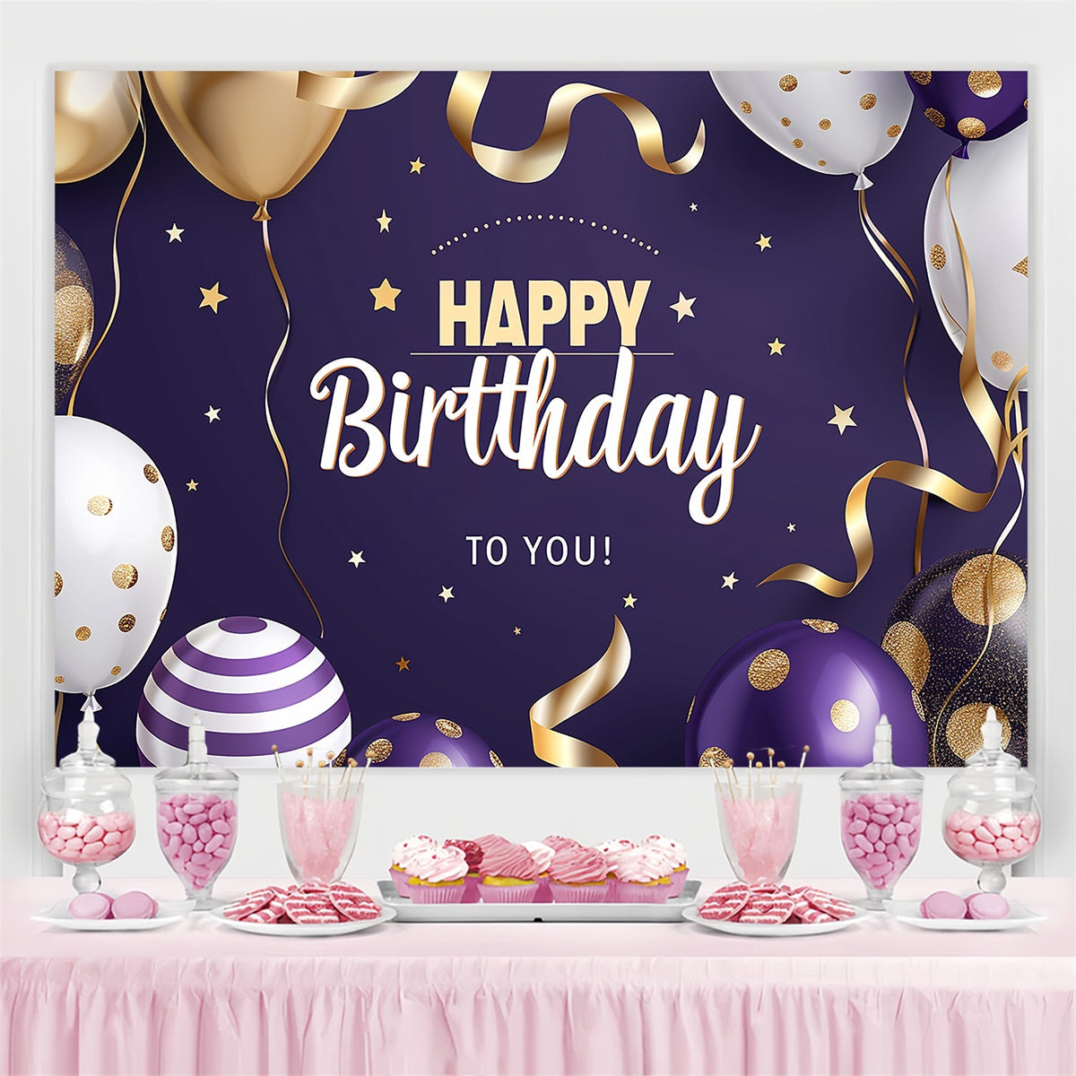 Personalisierte Geburtstag Backdrops Golden Dots Ballon Lila Backdrop CJJ3-219