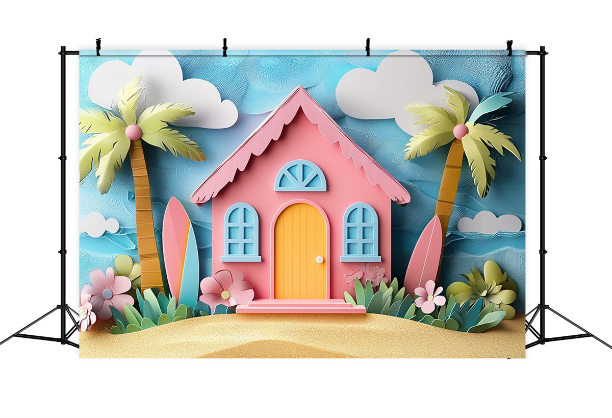 Sommer-Fotohintergrund Cartoon Rosa Strand Haus Hintergrund CJJ3-241