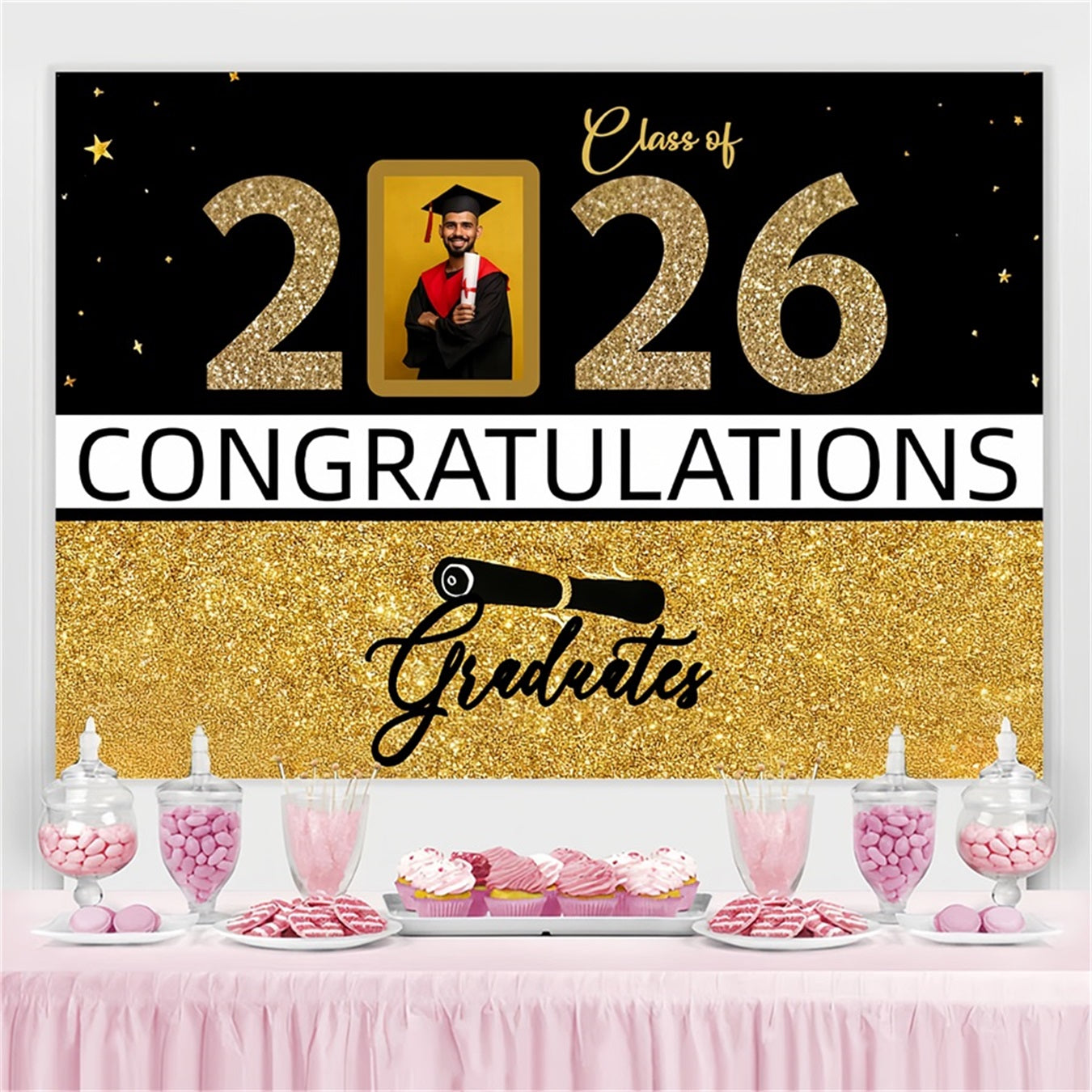 2026 Graduation Backdrop Glittering Gold Rahmen Personalisierte Party Graduation Backdrop CJJ3-276