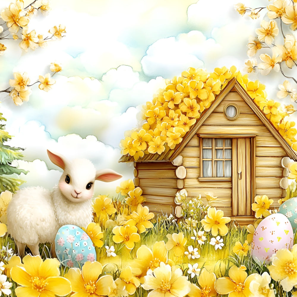 Ostern Backdrop Glückliches Lamm Gelbe Blüte Garten Backdrop CSH2-11