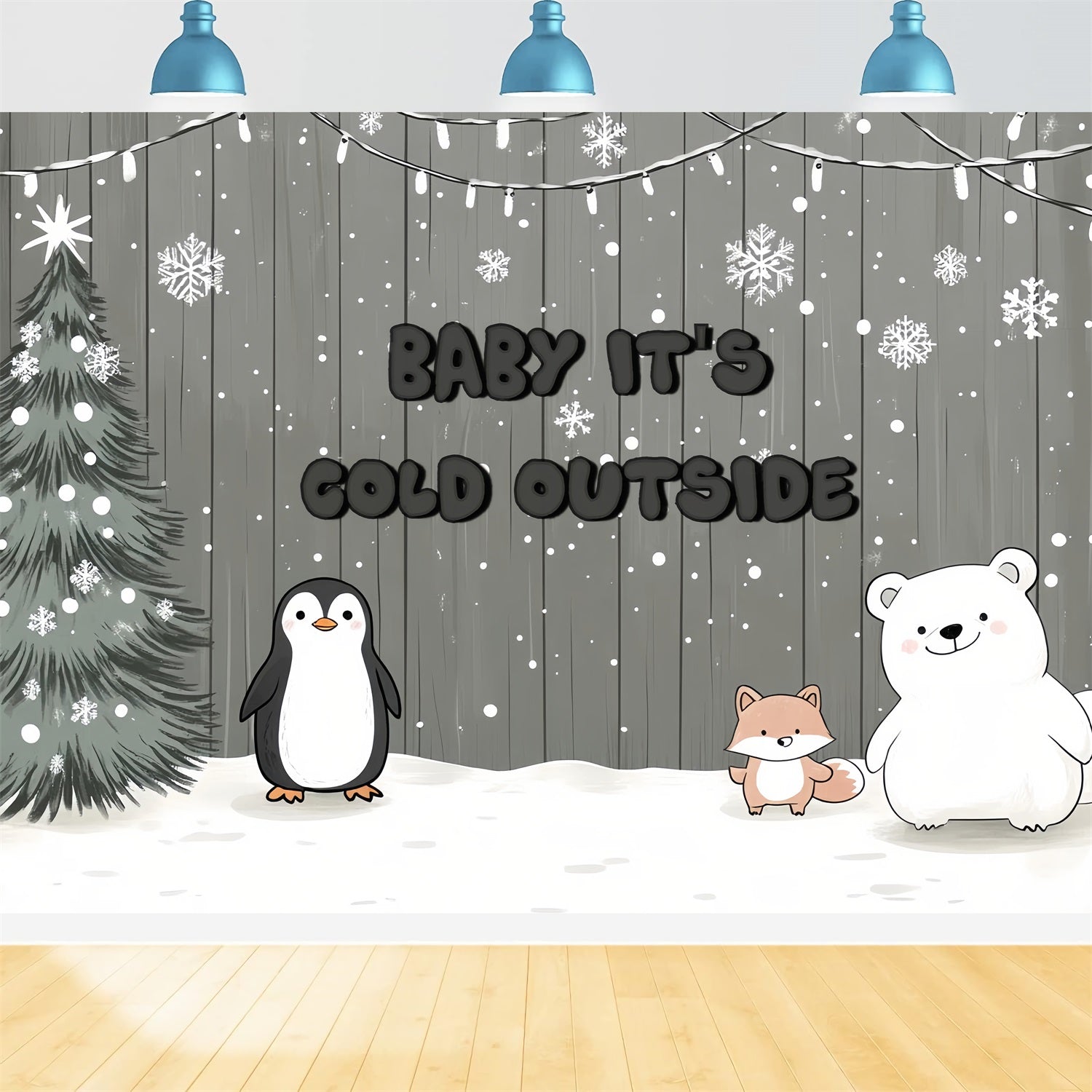 Rustikale Baby Shower Backdrop Schneeflocken Polartiere Backdrop CSH2-124
