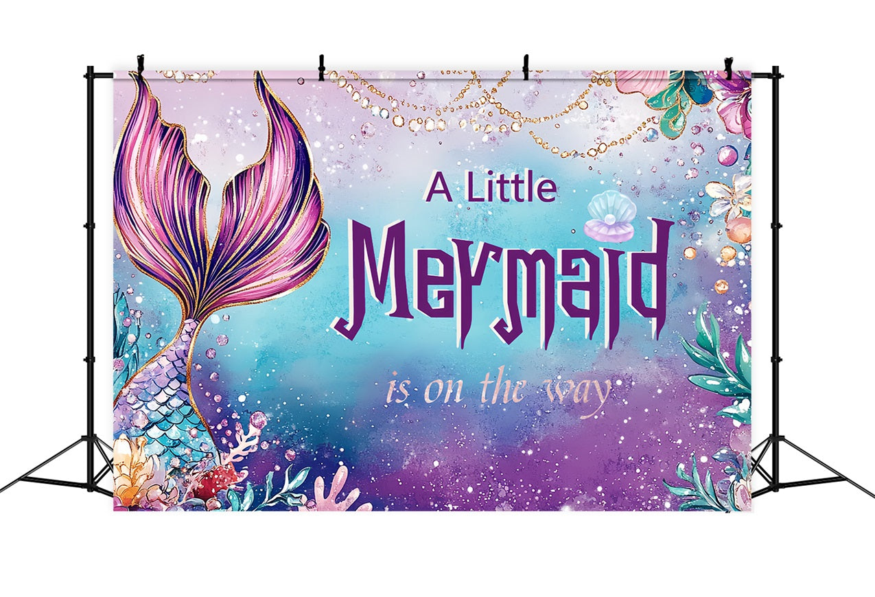 Lila Baby Shower Backdrop Glittery Mermaid Tail Seashells Backdrop CSH2-167